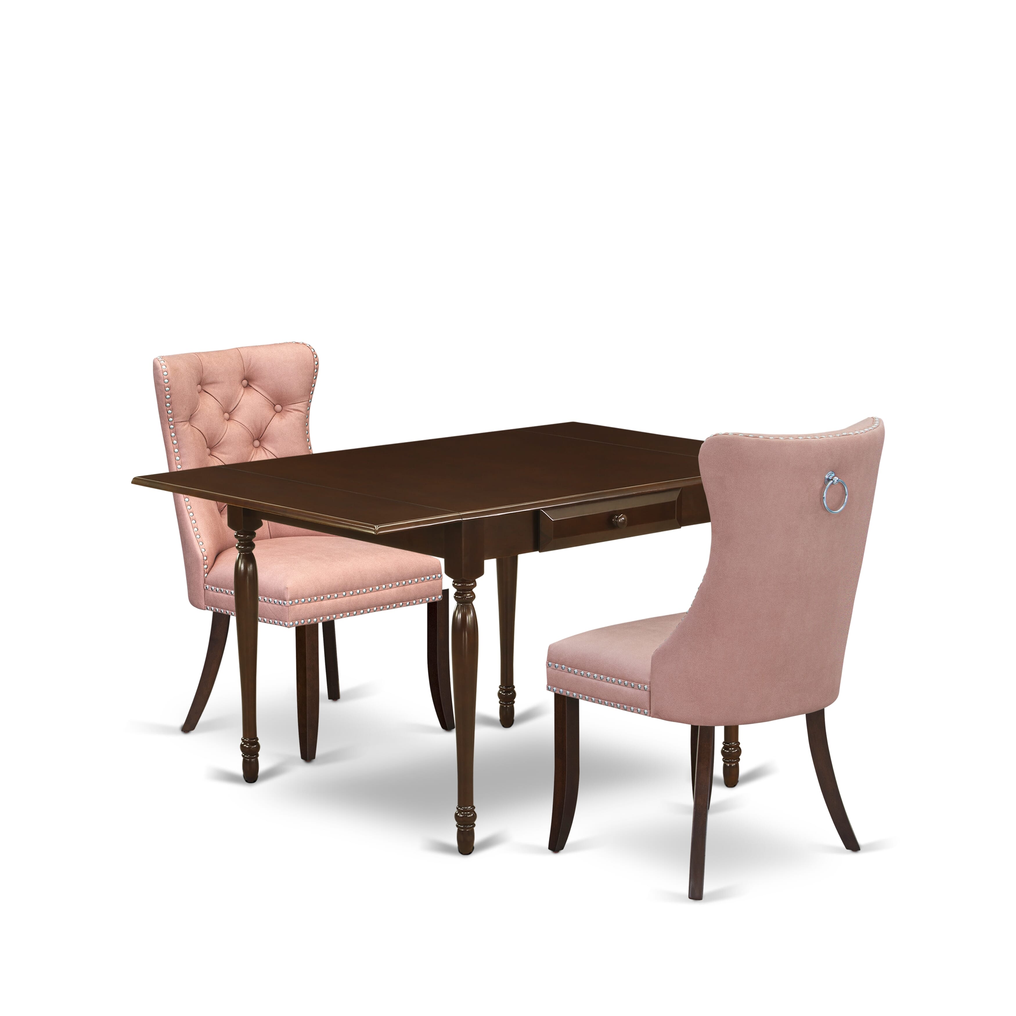 East West Furniture MZDA3-MAH-23 3 Piece Dining Table Set Includes a Rectangle Kitchen Table with Dropleaf and 2 Upholstered Chairs, 36x54 Inch, Mahogany