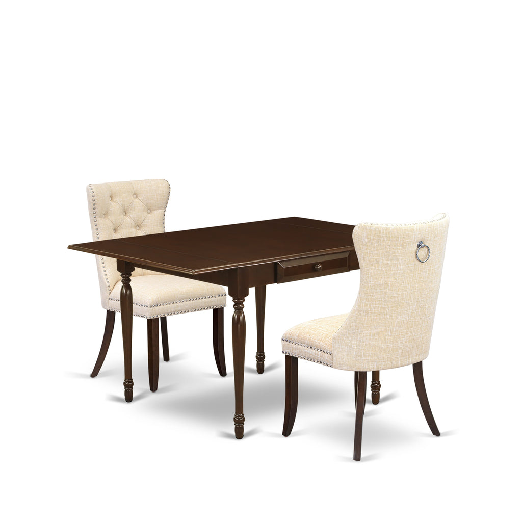 East West Furniture MZDA3-MAH-32 3 Piece Dining Table Set Includes a Rectangle Kitchen Table with Dropleaf and 2 Padded Chairs, 36x54 Inch, Mahogany