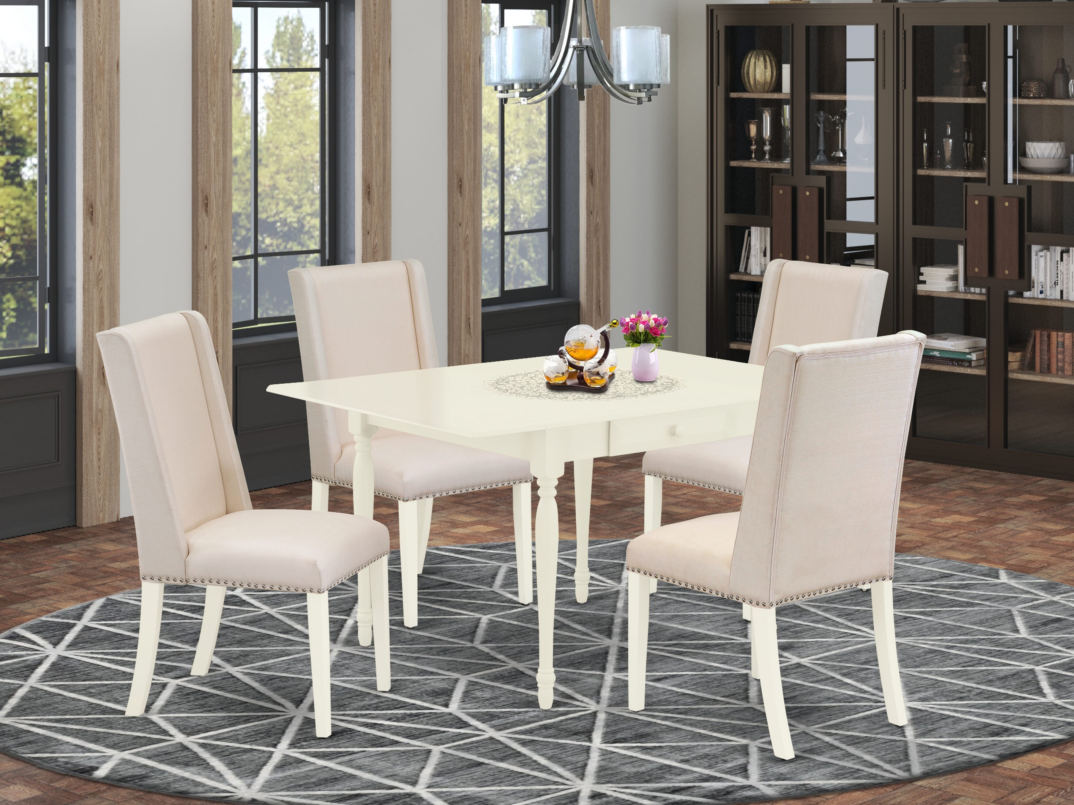 Juego de mesa de cocina de 5 piezas East West Furniture MZFL5-LWH-01 para 4 personas. Incluye una mesa de comedor rectangular con alas abatibles y 4 sillas de comedor Parson de tela de lino color crema.
