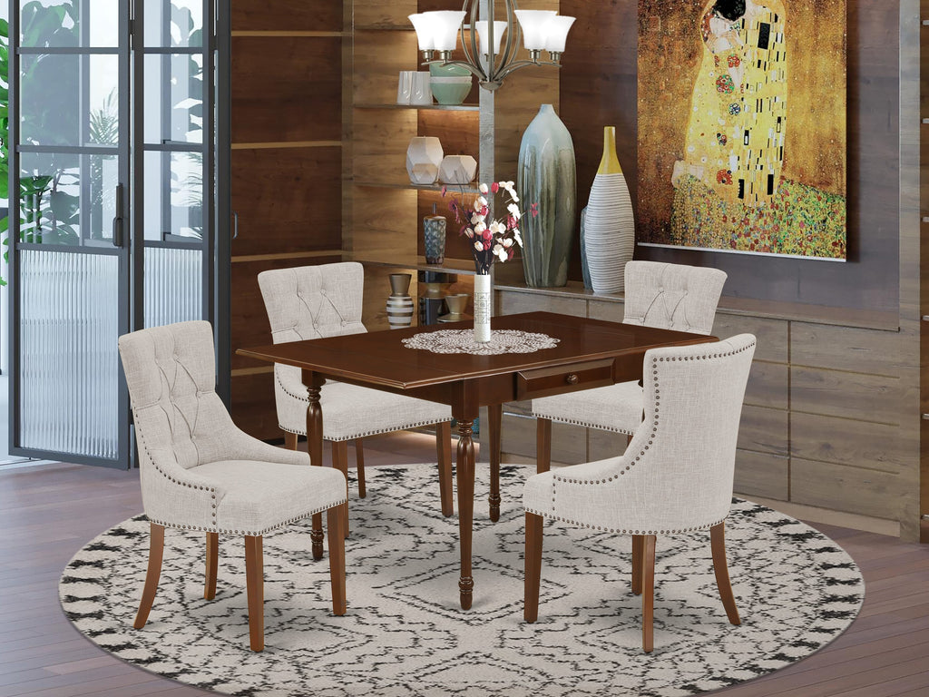 Juego de mesa de comedor moderna de 5 piezas East West Furniture MZFR5-MAH-05. Incluye una mesa rectangular de madera con alas abatibles y 4 sillas de comedor Parson de tela de lino y piel de venado.