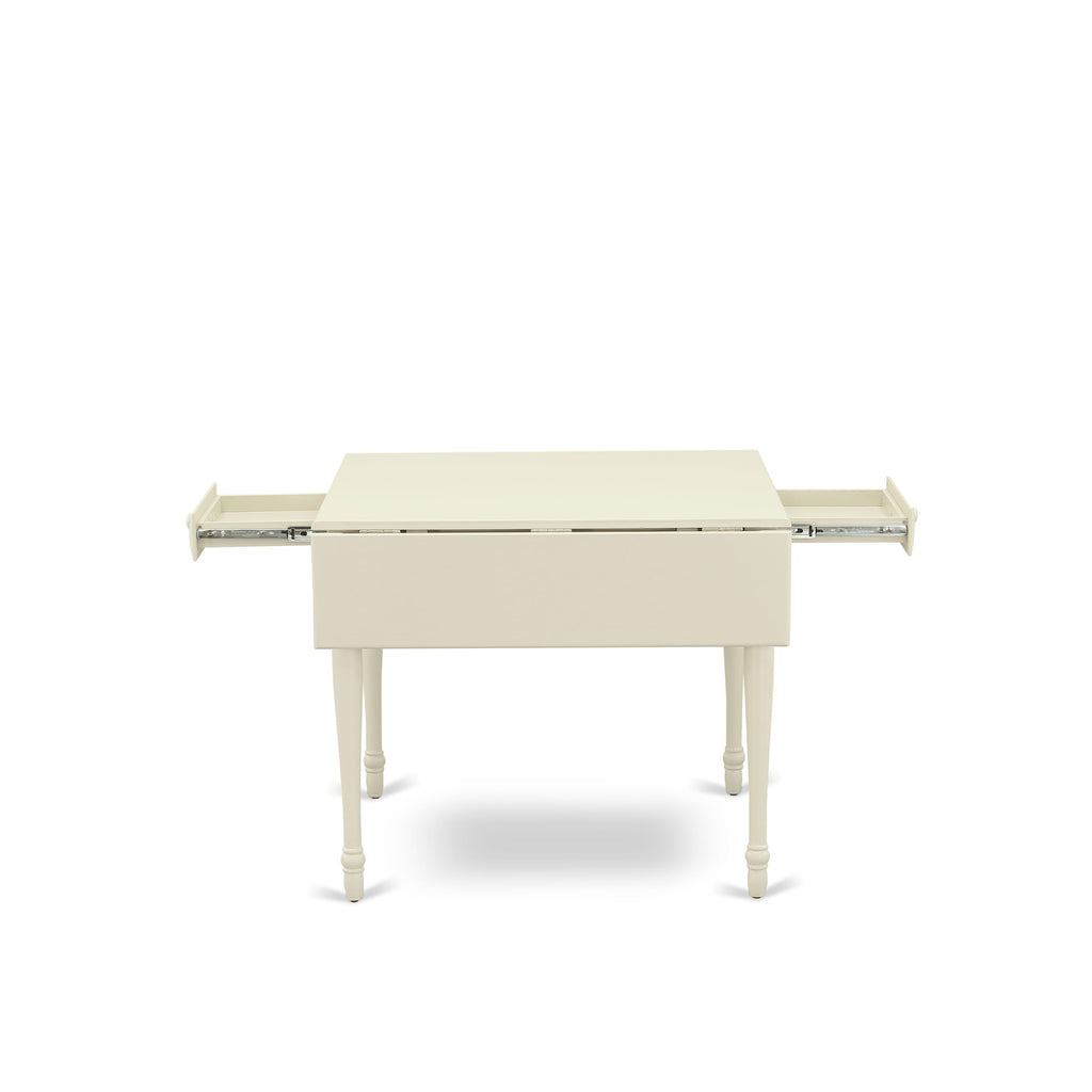 East West Furniture MZDA3-LWH-24 3 Piece Kitchen Table Set Consists of a Rectangle Dining Table with Dropleaf and 2 Upholstered Chairs, 36x54 Inch, linen white