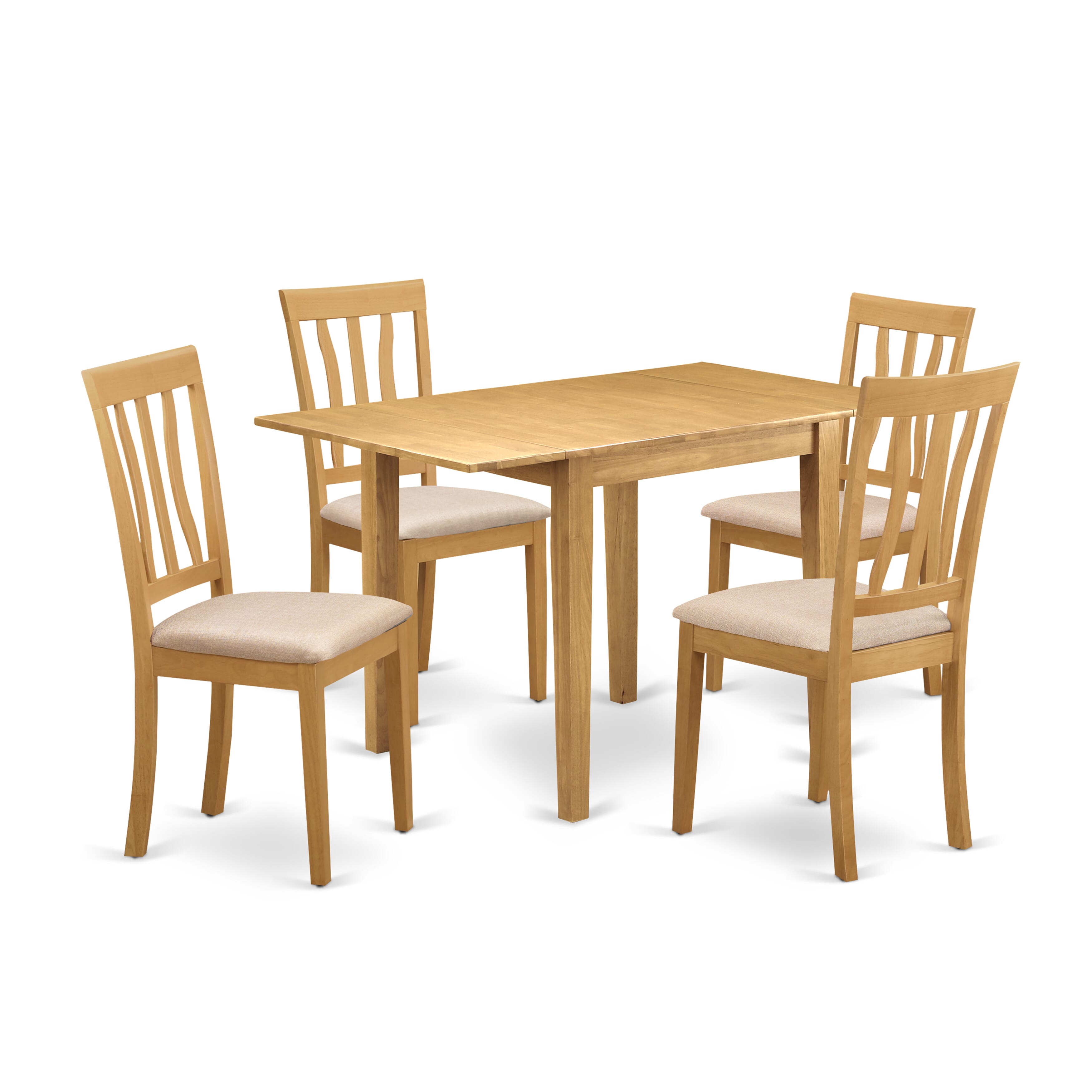 El juego de mesa de comedor de 5 piezas NDAN5-OAK-C de East West Furniture incluye una mesa de cocina rectangular con alas abatibles y 4 sillas de comedor tapizadas en tela de lino.