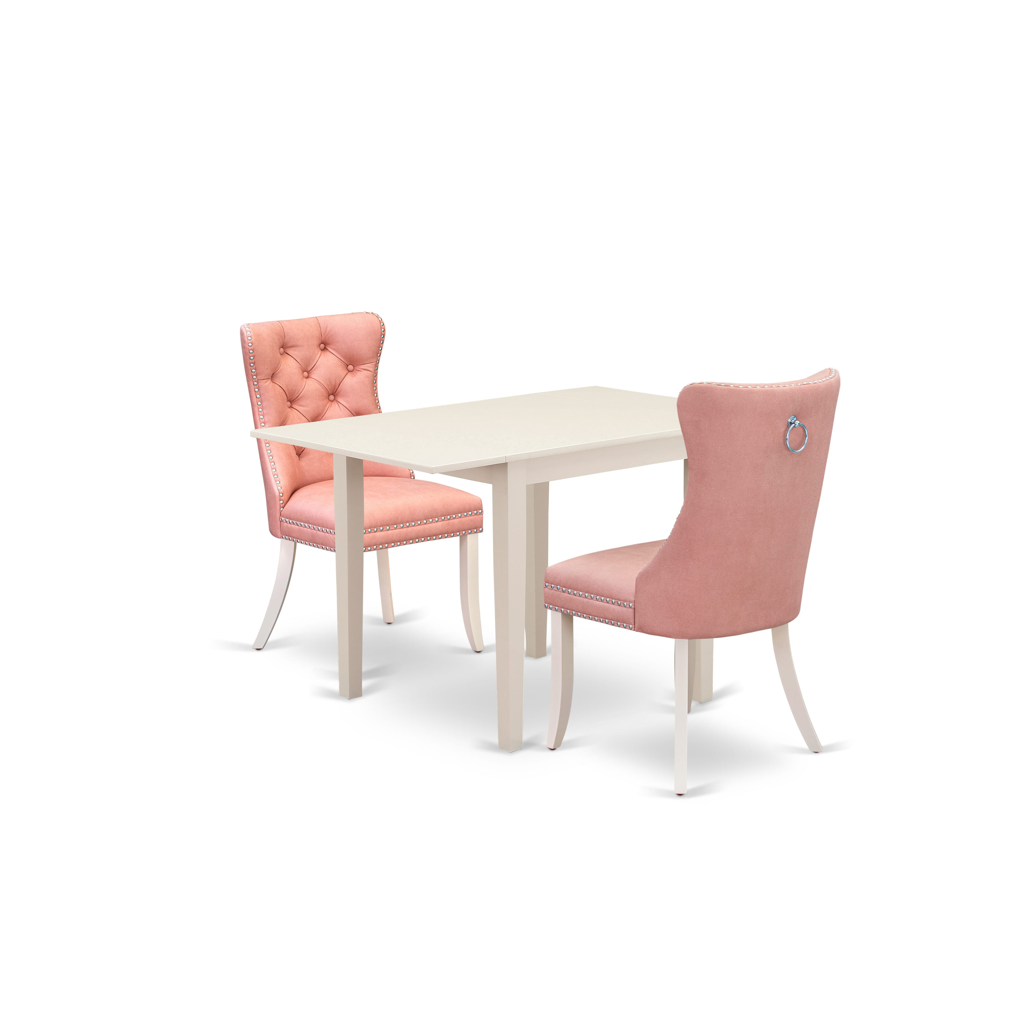 East West Furniture NDDA3-LWH-23 3 Piece Kitchen Table & Chairs Set Contains a Rectangle Dining Table with Dropleaf and 2 Upholstered Parson Chairs, 30x48 Inch, linen white