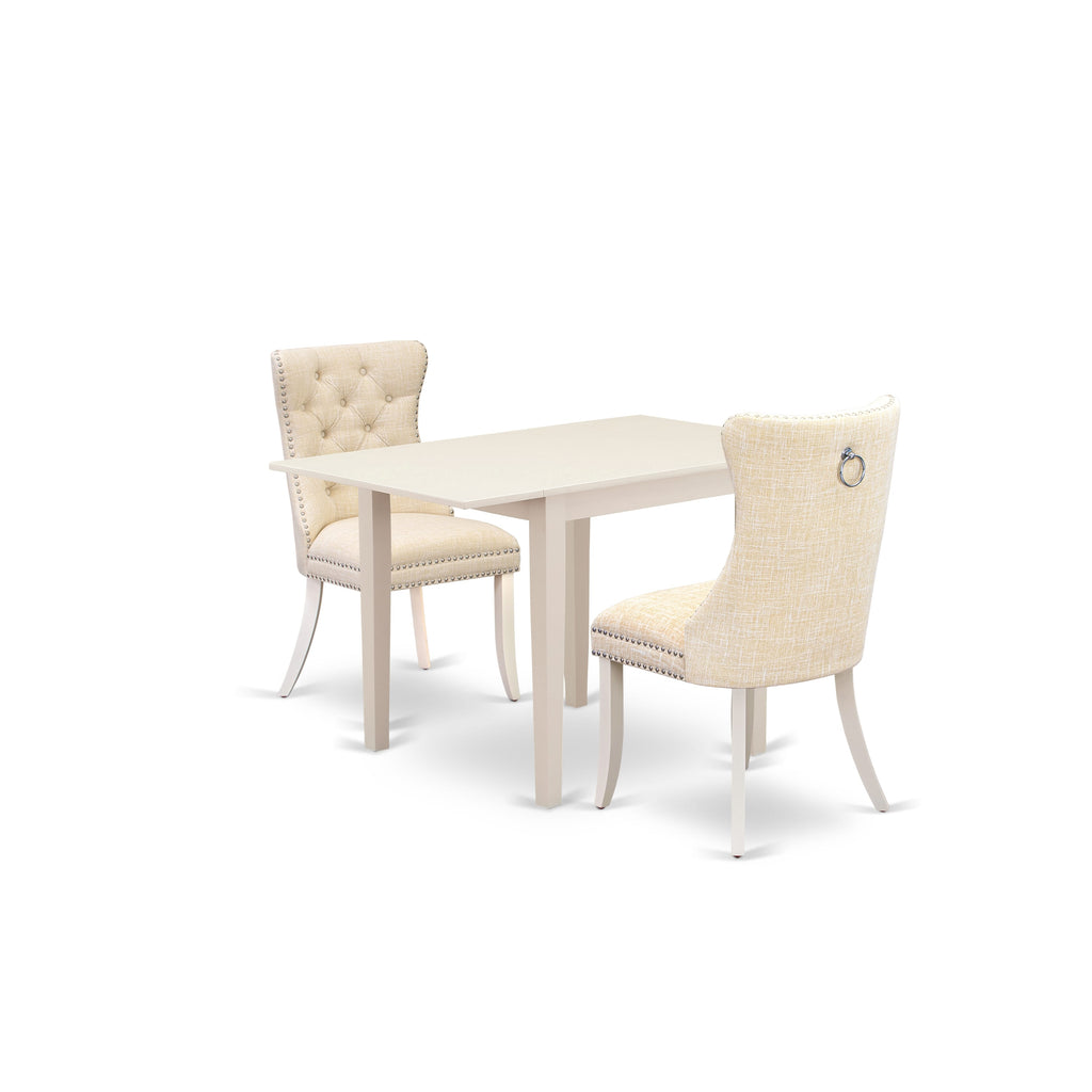 East West Furniture NDDA3-LWH-32 3 Piece Dining Room Table Set Includes a Rectangle Solid Wood Table with Dropleaf and 2 Padded Chairs, 30x48 Inch, linen white