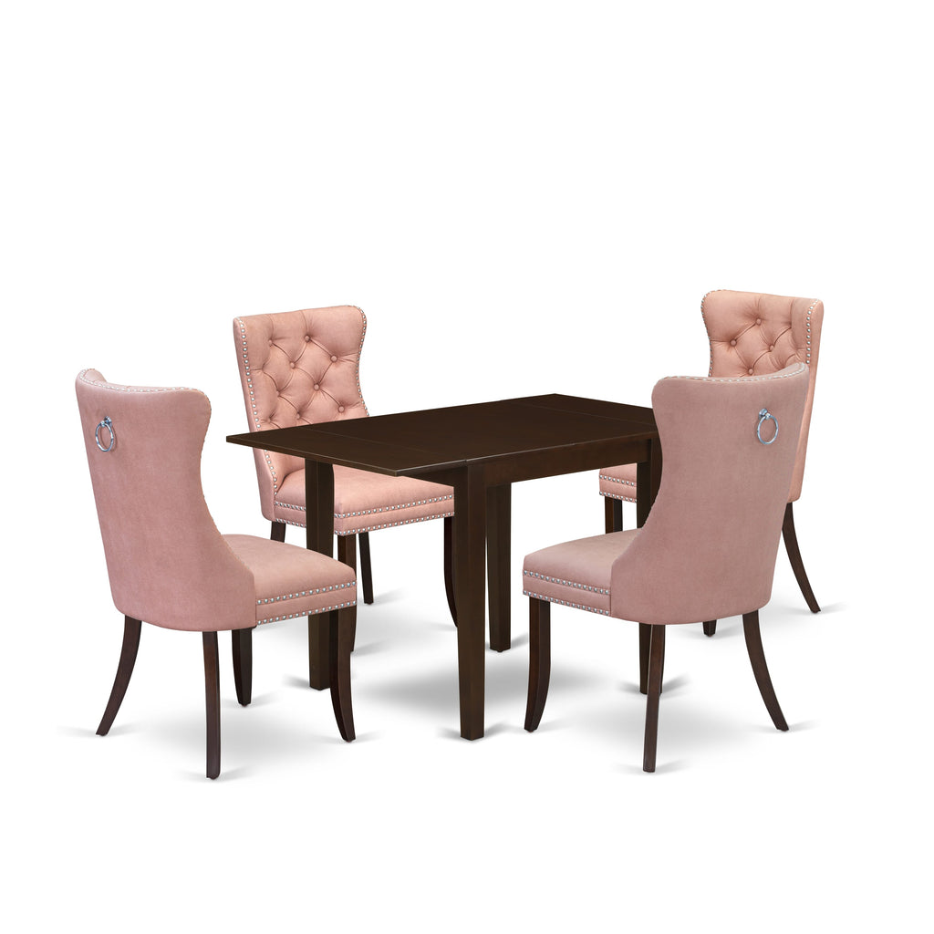 East West Furniture NDDA5-MAH-23 5 Piece Kitchen Set Includes a Rectangle Dining Table with Dropleaf and 4 Upholstered Parson Chairs, 30x48 Inch, Mahogany