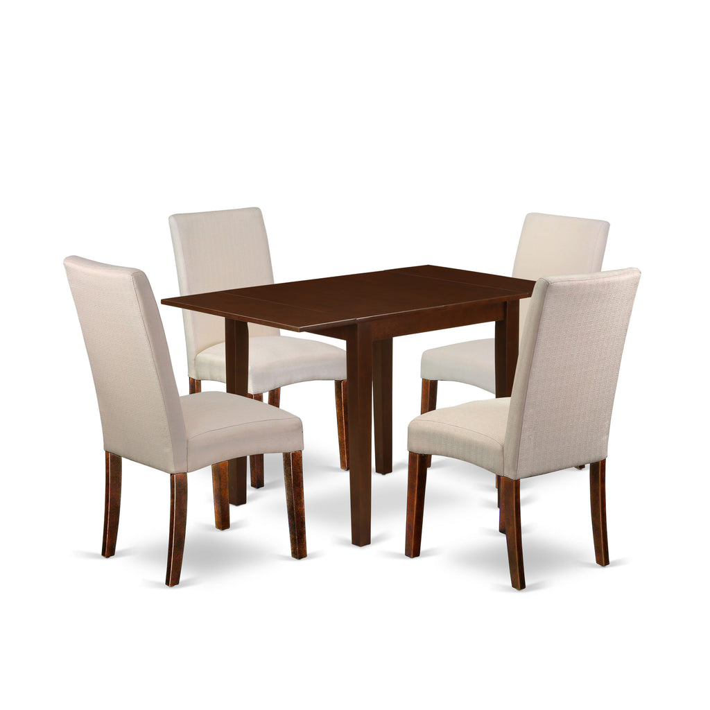 East West Furniture NDDR5-MAH-01 5 Piece Kitchen Table & Chairs Set Includes a Rectangle Dining Room Table with Dropleaf and 4 Cream Linen Fabric Parsons Chairs, 30x48 Inch, Mahogany