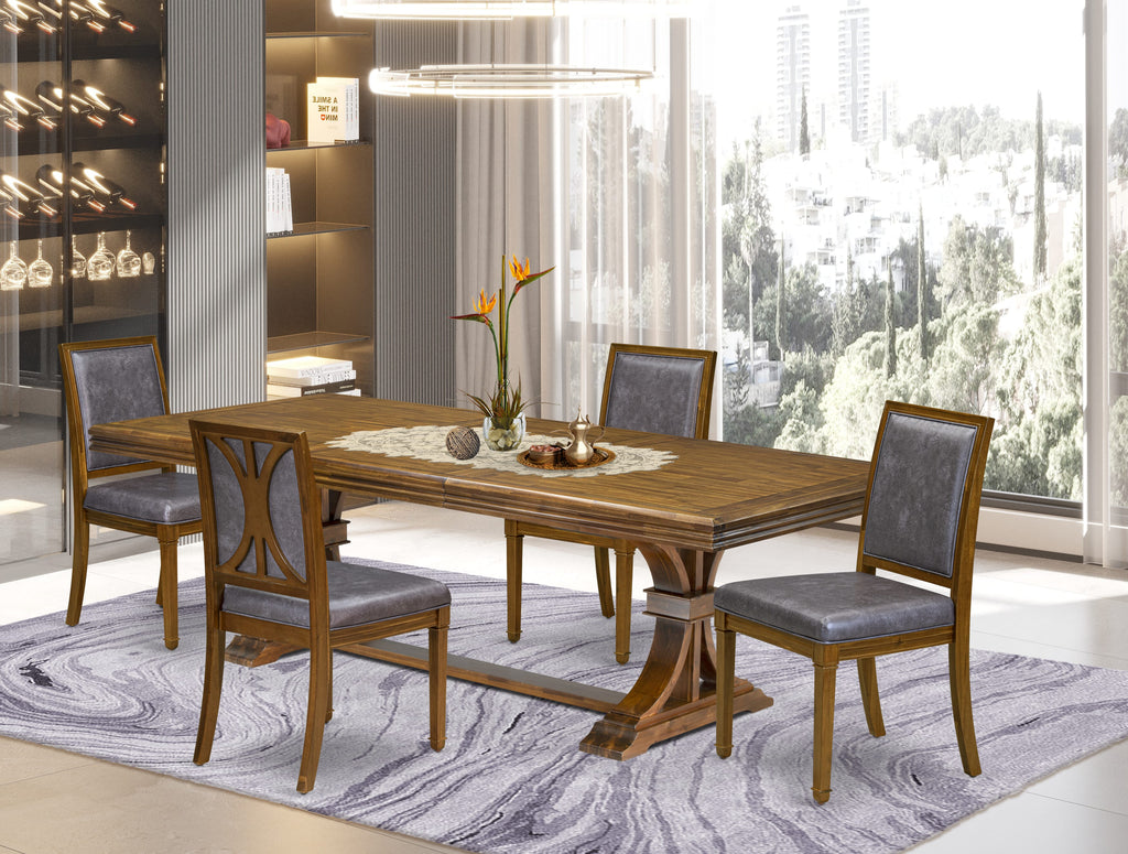 Luxe by East West Furniture NEAM5-AWA-34 5-piece Dining Table Set consists of a Modern Dining Table and 4 Dark Grey PU Leather Kitchen Chairs with High Back - Antique Walnut Finish