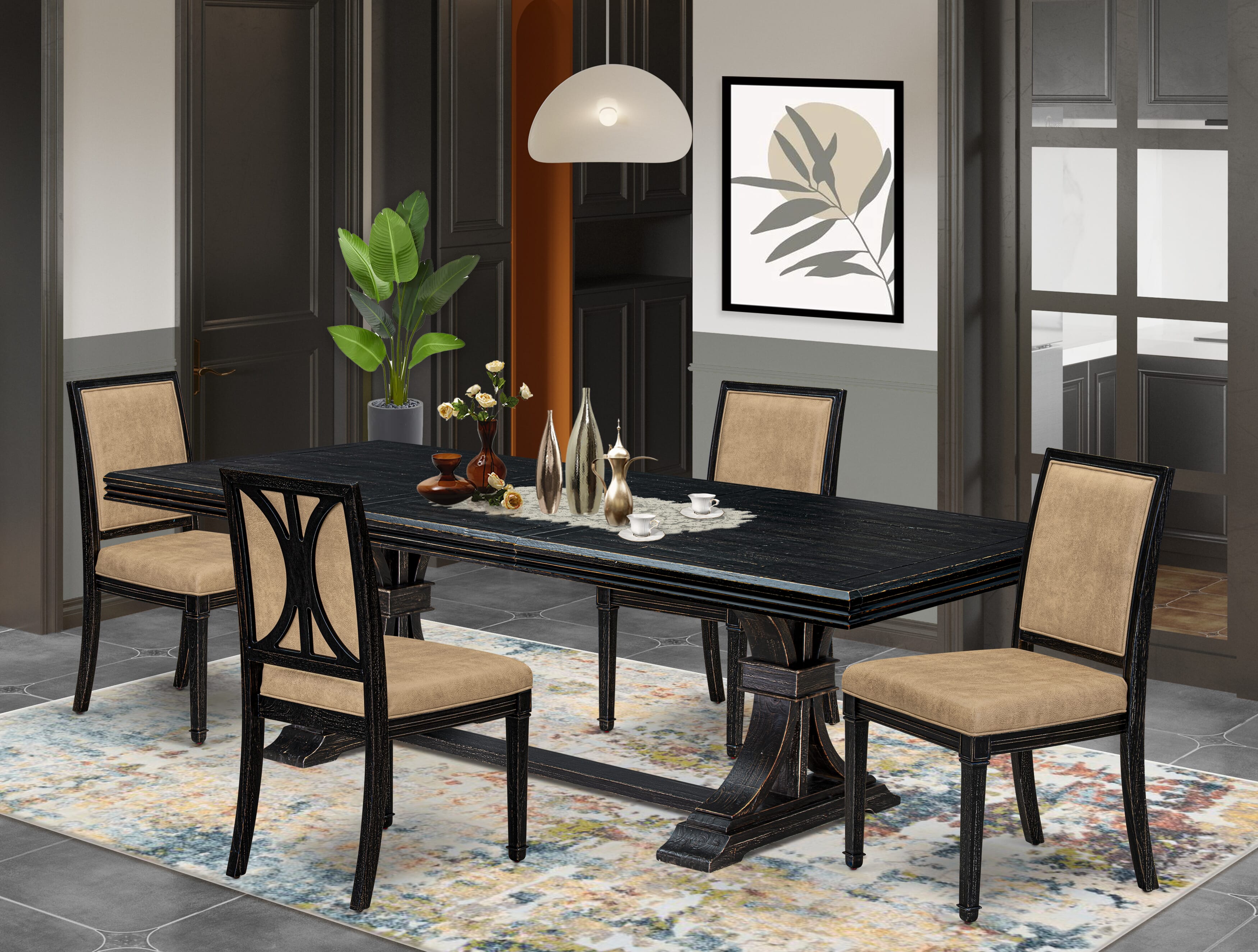 Luxe by East West Furniture NEAM5-SBB-28 5-piece Modern Dining Table Set includes a Dining Table and 4 Beige PU Leather Kitchen Chairs with High Back - Sand Blasting Black Finish
