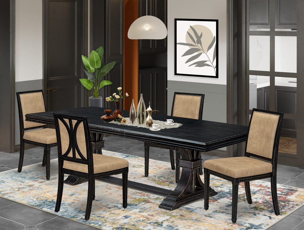 Luxe by East West Furniture NEAM5-SBB-28 5-piece Modern Dining Table Set includes a Dining Table and 4 Beige PU Leather Kitchen Chairs with High Back - Sand Blasting Black Finish