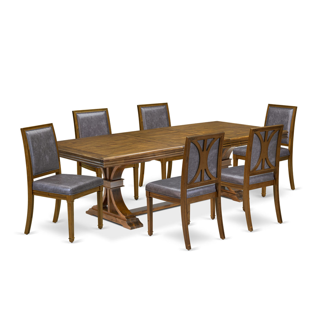 Luxe by East West Furniture NEAM7-AWA-34 7-piece Mid-Century Dining Table Set includes a Kitchen Table and 6 Dark Grey PU Leather Dinner Chairs with High Back - Antique Walnut Finish