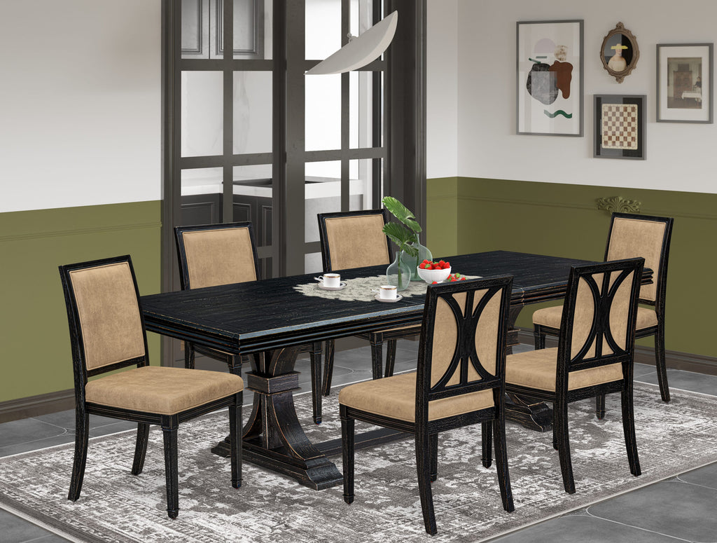 Luxe by East West Furniture NEAM7-SBB-28 7-piece Dining Table Set consists of a Kitchen Table and 6 Beige PU Leather Dinner Chairs with High Back - Sand Blasting Black Finish