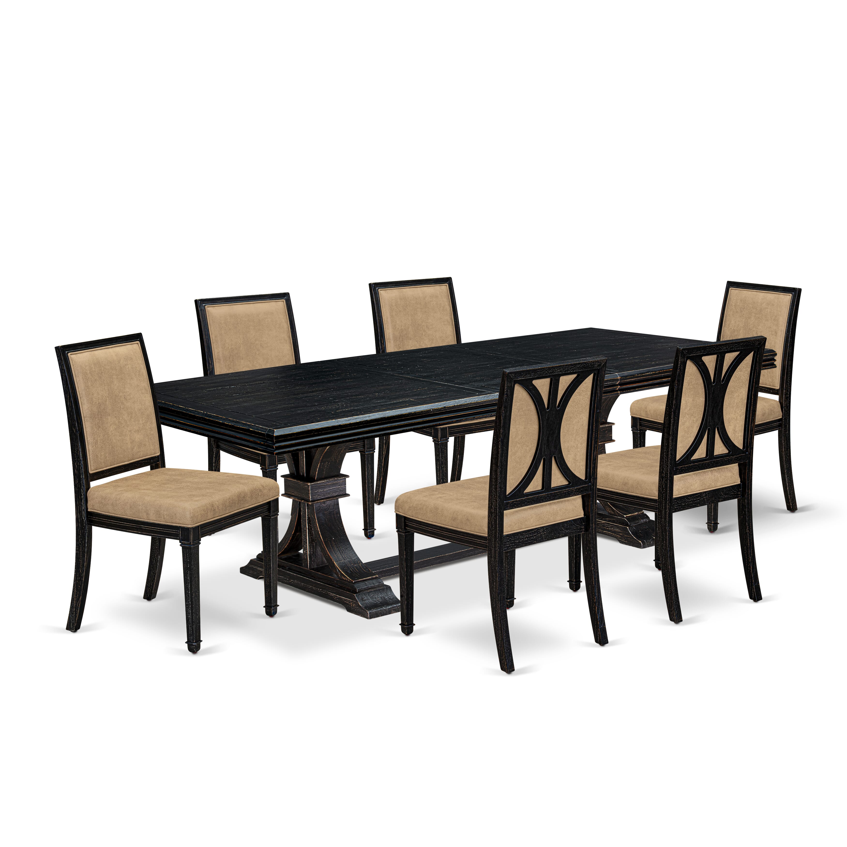 Luxe by East West Furniture NEAM7-SBB-28 7-piece Dining Table Set consists of a Kitchen Table and 6 Beige PU Leather Dinner Chairs with High Back - Sand Blasting Black Finish