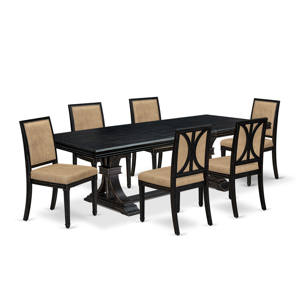 Luxe by East West Furniture NEAM7-SBB-28 7-piece Dining Table Set consists of a Kitchen Table and 6 Beige PU Leather Dinner Chairs with High Back - Sand Blasting Black Finish