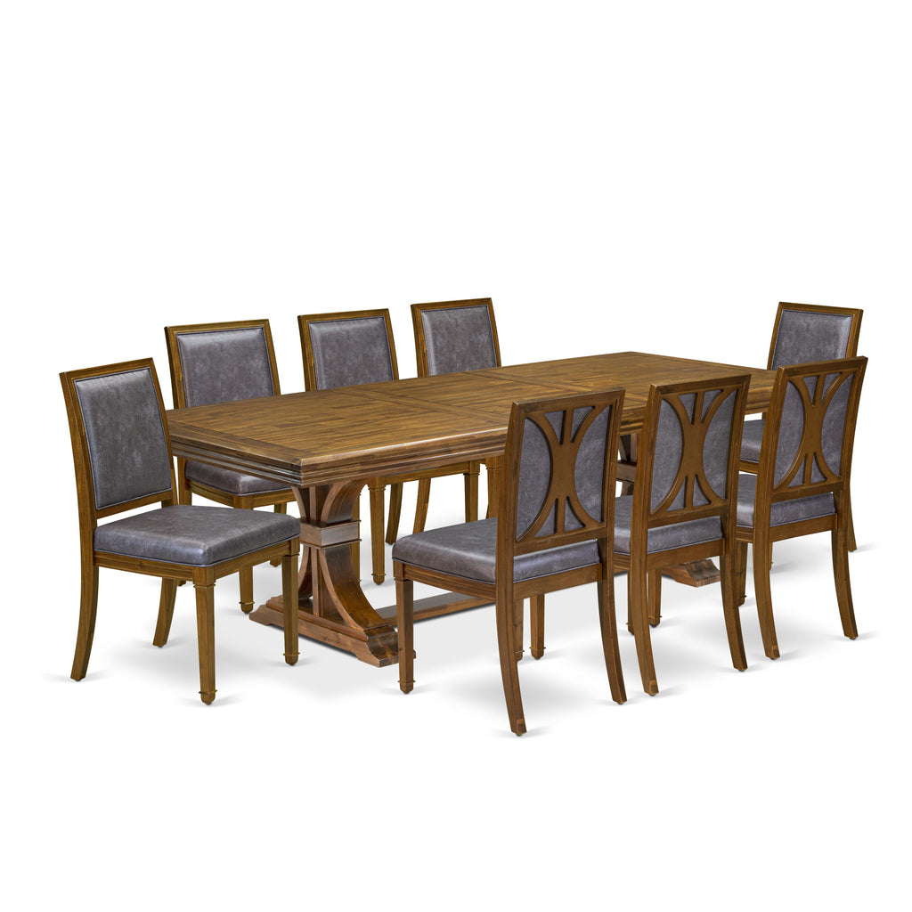 Luxe by East West Furniture NEAM9-AWA-34 9-piece Kitchen Table Set consists of a Dining Table and 8 Dark Grey PU Leather Dining Chairs with High Back - Antique Walnut Finish