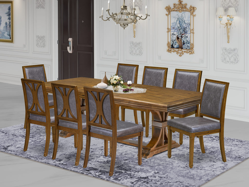 Luxe by East West Furniture NEAM9-AWA-34 9-piece Kitchen Table Set consists of a Dining Table and 8 Dark Grey PU Leather Dining Chairs with High Back - Antique Walnut Finish