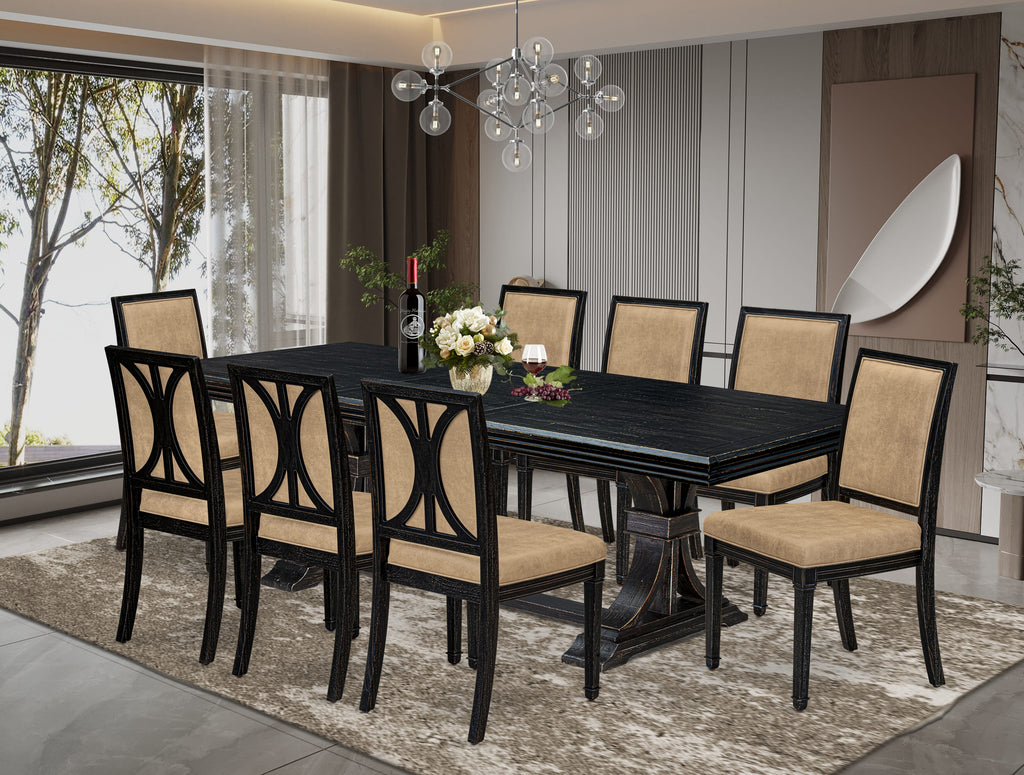 Luxe by East West Furniture NEAM9-SBB-28 9-piece Dining Table Set includes a Modern Dining Table and 8 Beige PU Leather kitchen Chairs with High Back - Sand Blasting Black Finish