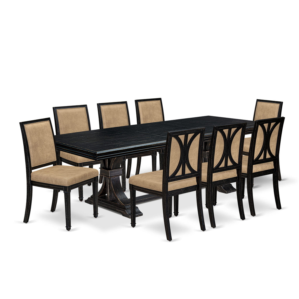 Luxe by East West Furniture NEAM9-SBB-28 9-piece Dining Table Set includes a Modern Dining Table and 8 Beige PU Leather kitchen Chairs with High Back - Sand Blasting Black Finish