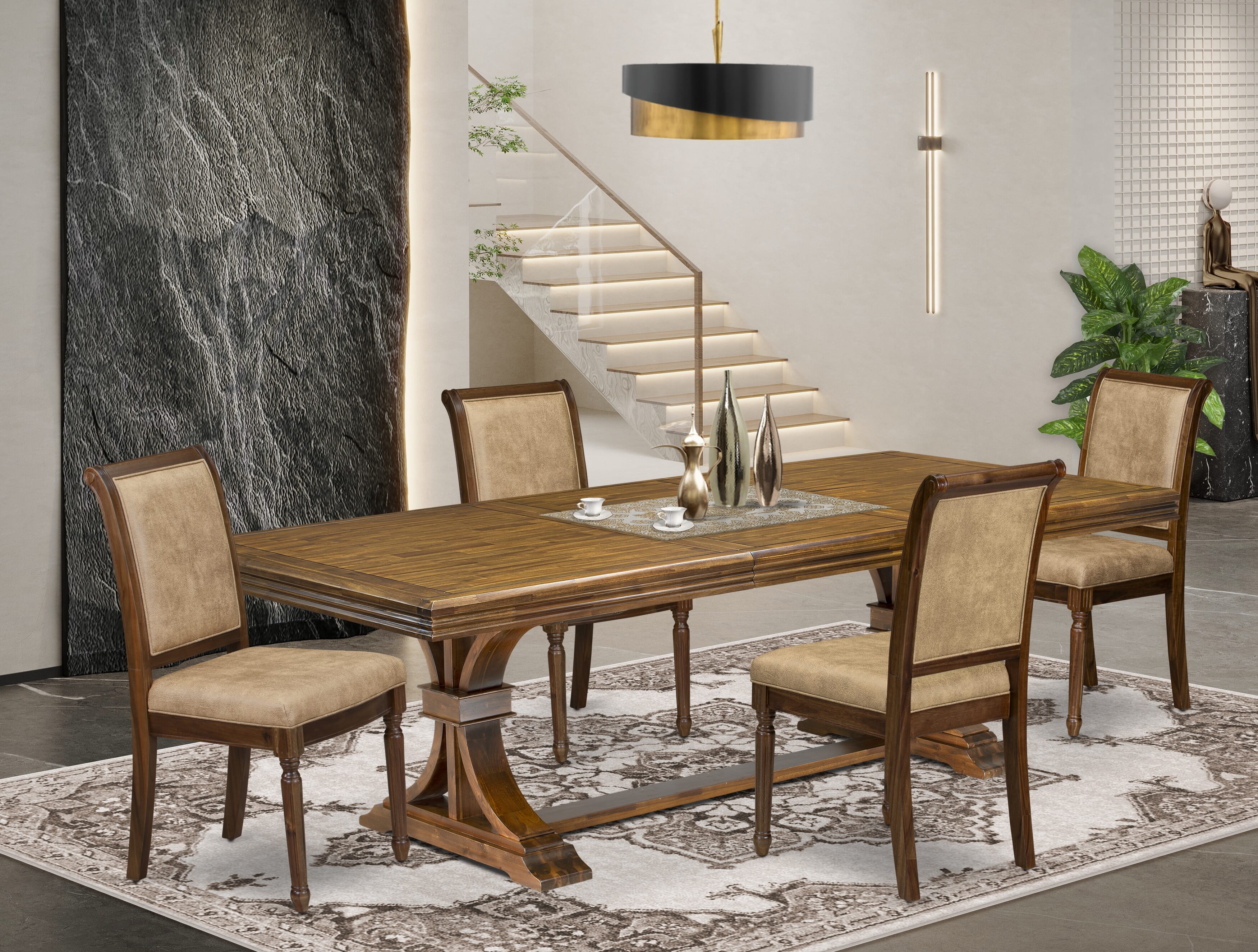 Luxe by East West Furniture NECY5-AWA-28 5-piece Dining Table Set consists of a Kitchen Table and 4 Beige PU Leather Dining Room Chairs with High Back - Antique Walnut Finish