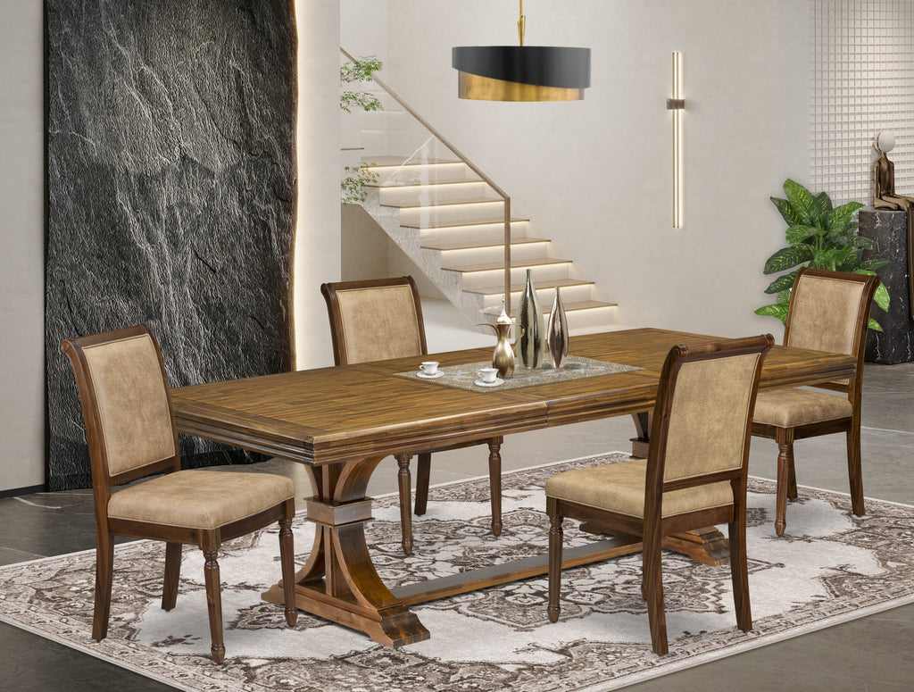 Luxe by East West Furniture NECY5-AWA-28 5-piece Dining Table Set consists of a Kitchen Table and 4 Beige PU Leather Dining Room Chairs with High Back - Antique Walnut Finish