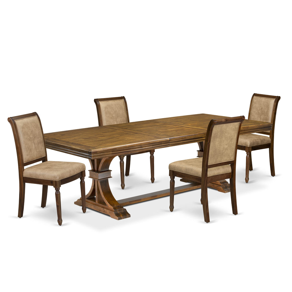 Luxe by East West Furniture NECY5-AWA-28 5-piece Dining Table Set consists of a Kitchen Table and 4 Beige PU Leather Dining Room Chairs with High Back - Antique Walnut Finish
