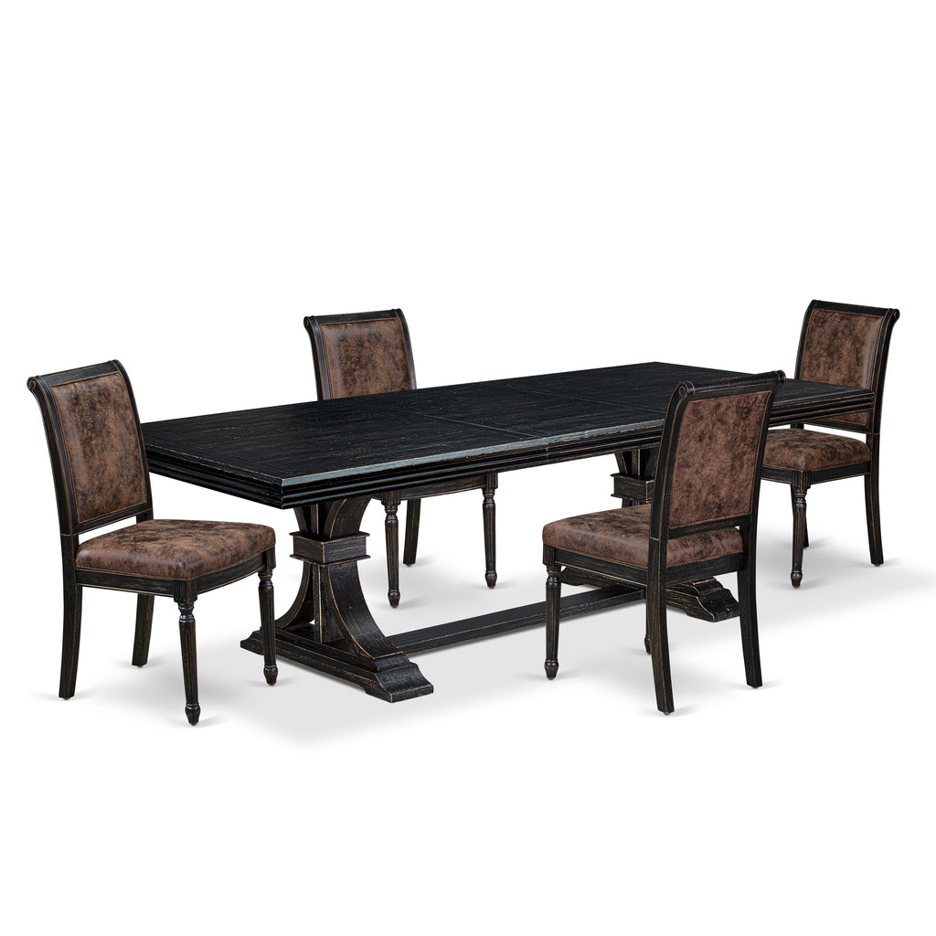 Luxe by East West Furniture NECY5-SBB-33 5-piece Mid-Century Dining Table Set consists of a Dining Table and 4 Brown Textured PU Leather Dinner Chairs with High Back - Sand Blasting Black Finish