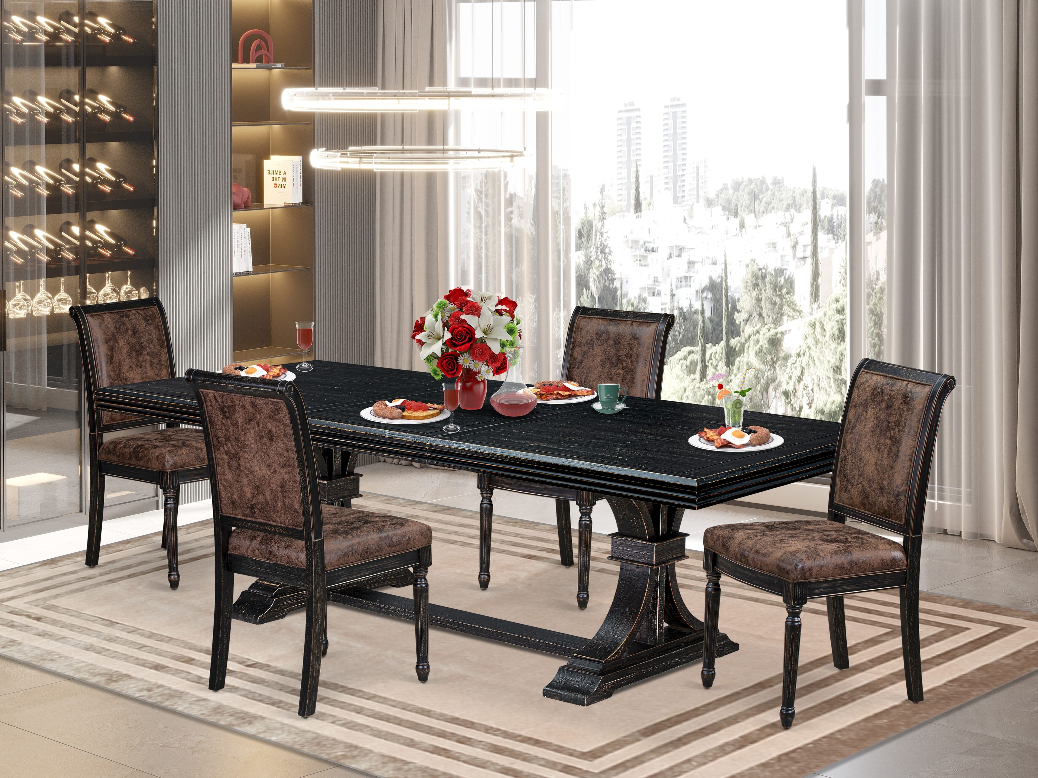 Luxe by East West Furniture NECY5-SBB-33 5-piece Mid-Century Dining Table Set consists of a Dining Table and 4 Brown Textured PU Leather Dinner Chairs with High Back - Sand Blasting Black Finish