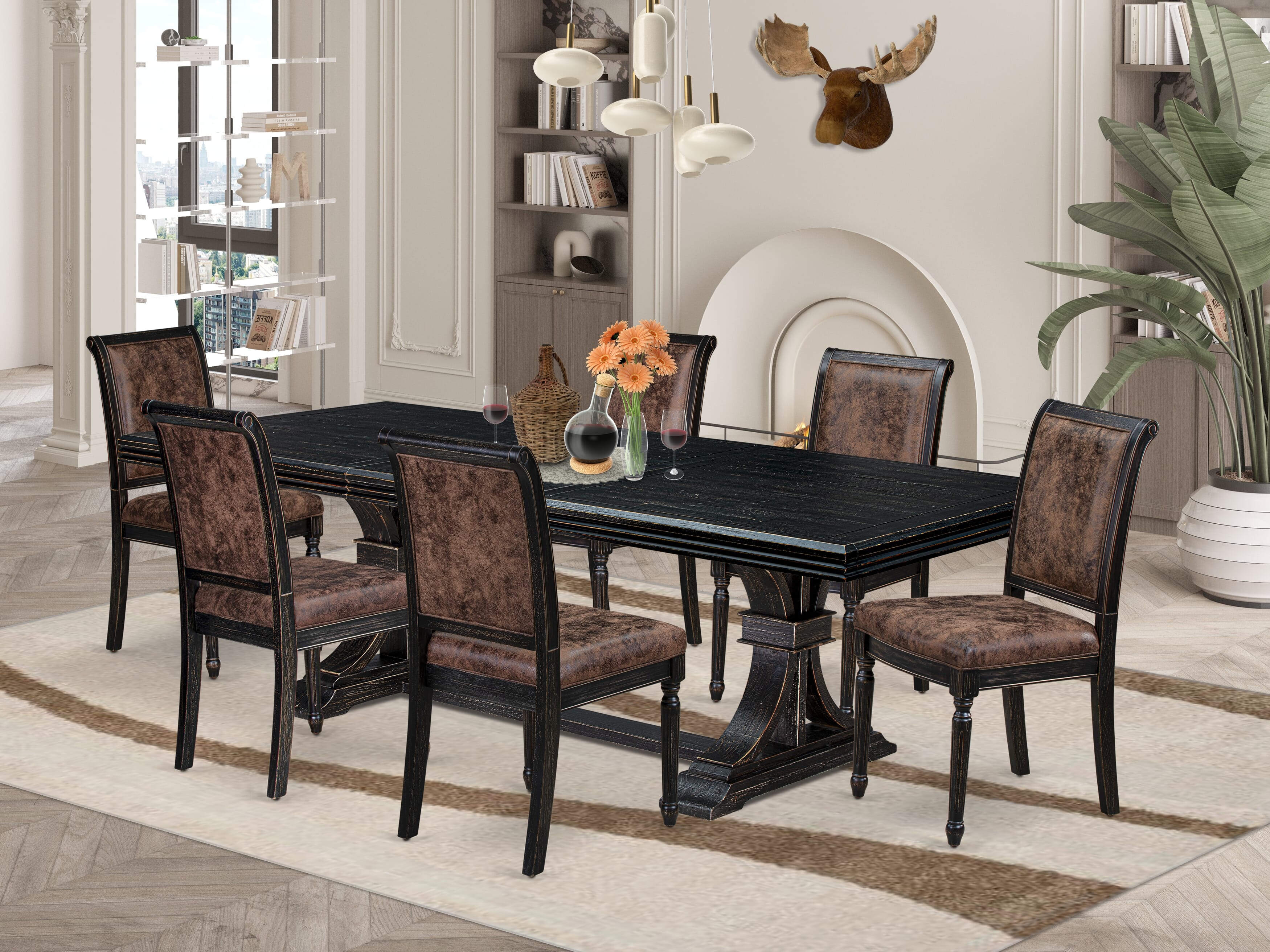 Luxe by East West Furniture NECY7-SBB-33 7-piece Modern Dining Table Set includes a Dining Table and 6 Brown Textured PU Leather Kitchen Chairs with High Back - Sand Blasting Black Finish