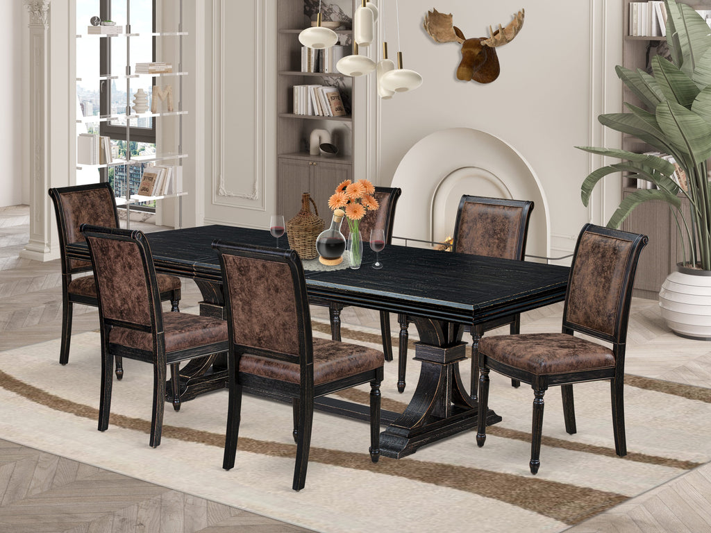 Luxe by East West Furniture NECY7-SBB-33 7-piece Modern Dining Table Set includes a Dining Table and 6 Brown Textured PU Leather Kitchen Chairs with High Back - Sand Blasting Black Finish