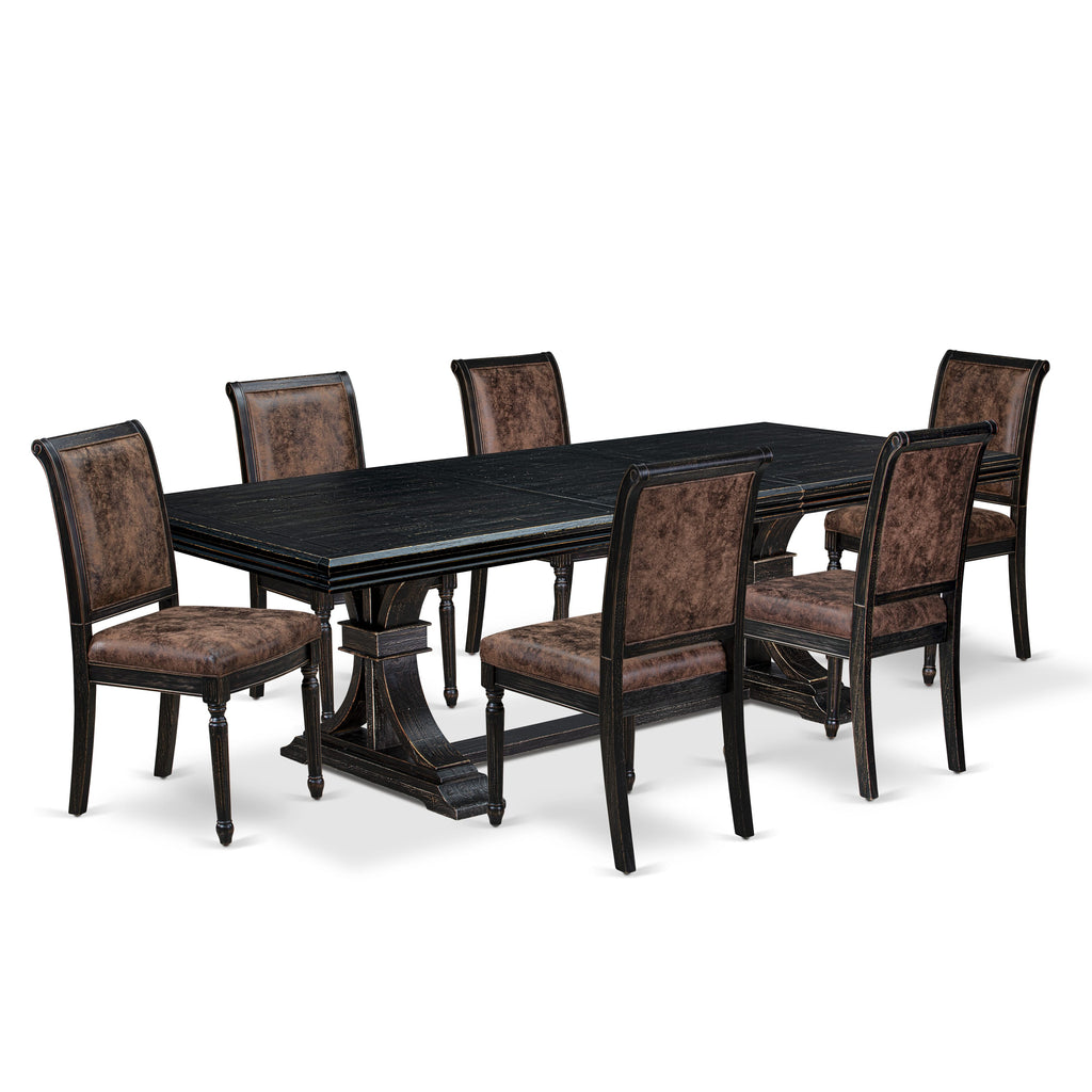Luxe by East West Furniture NECY7-SBB-33 7-piece Modern Dining Table Set includes a Dining Table and 6 Brown Textured PU Leather Kitchen Chairs with High Back - Sand Blasting Black Finish