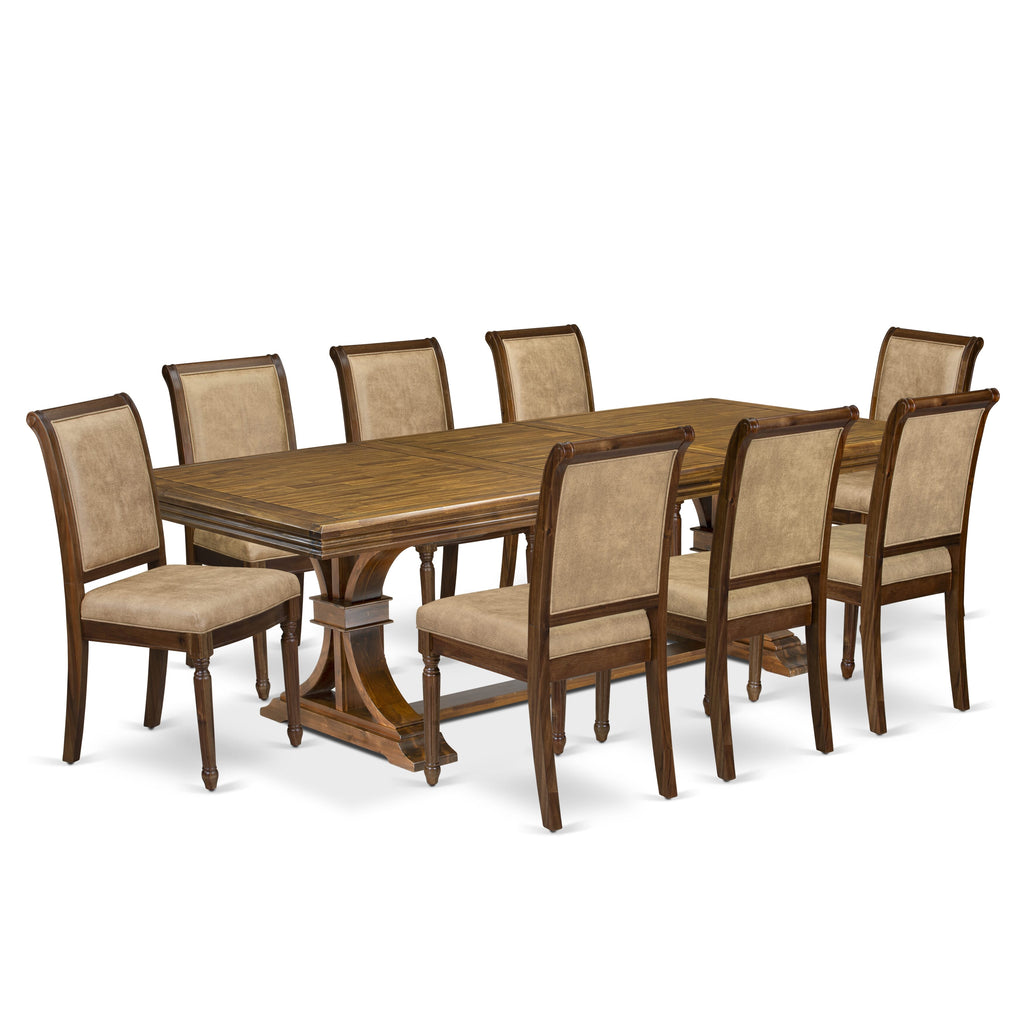 Luxe by East West Furniture NECY9-AWA-28 9-piece Dining Table Set consists of a Dining Table and 8 Beige PU Leather Kitchen Chairs with High Back - Antique Walnut Finish