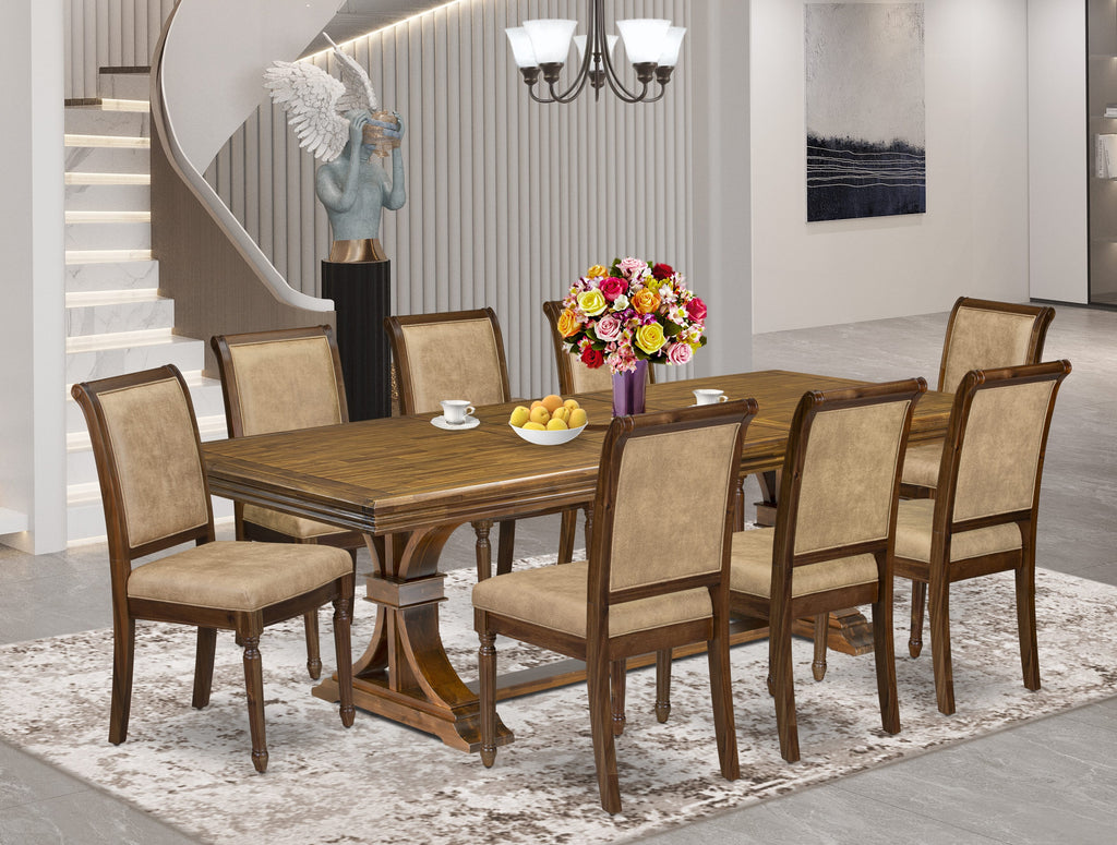 Luxe by East West Furniture NECY9-AWA-28 9-piece Dining Table Set consists of a Dining Table and 8 Beige PU Leather Kitchen Chairs with High Back - Antique Walnut Finish