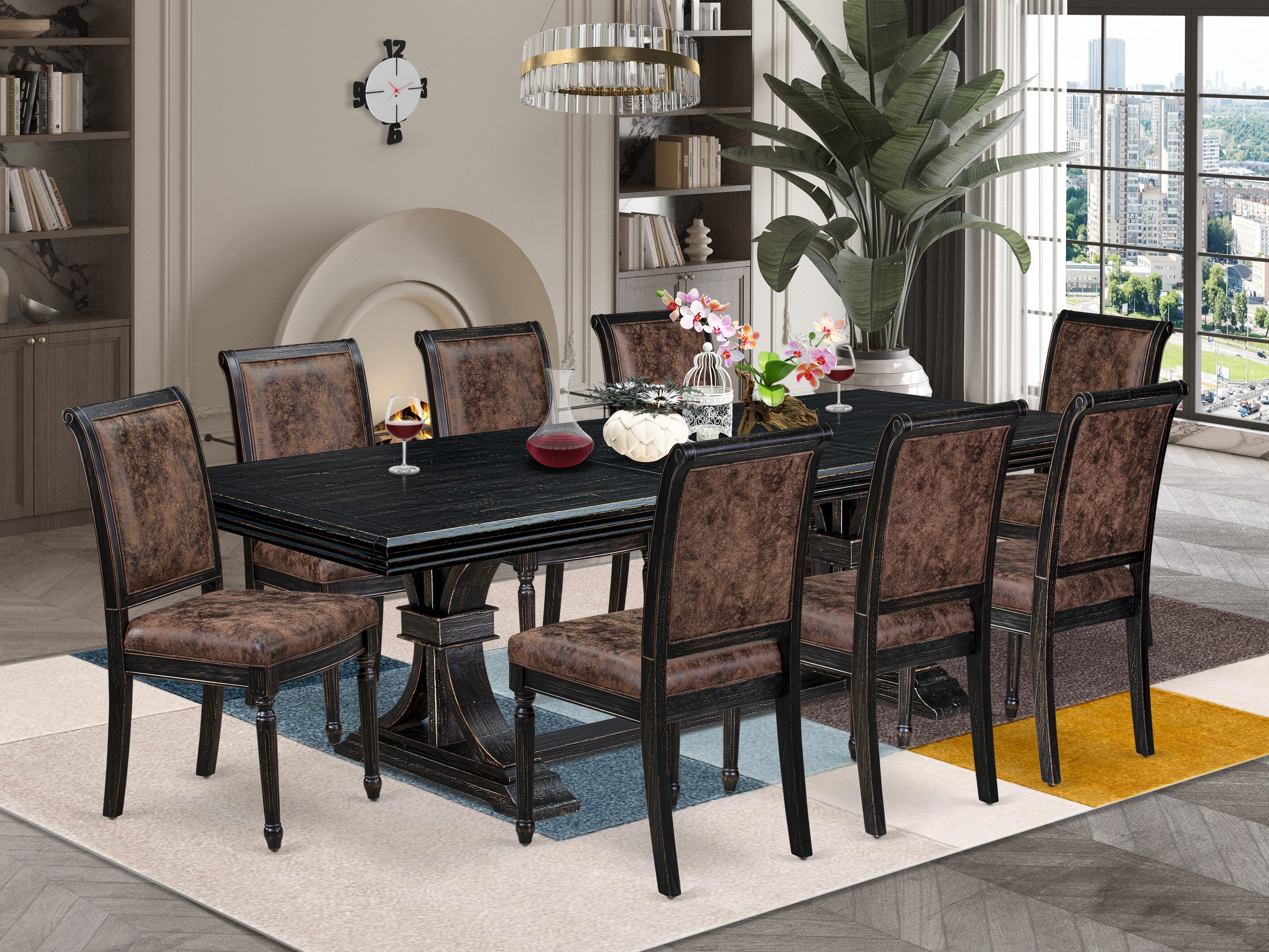 Luxe by East West Furniture NECY9-SBB-33 9-piece Dining Table Set consists of a Kitchen Table and 8 Brown Textured PU Leather Dining Room Chairs with High Back - Sand Blasting Black Finish