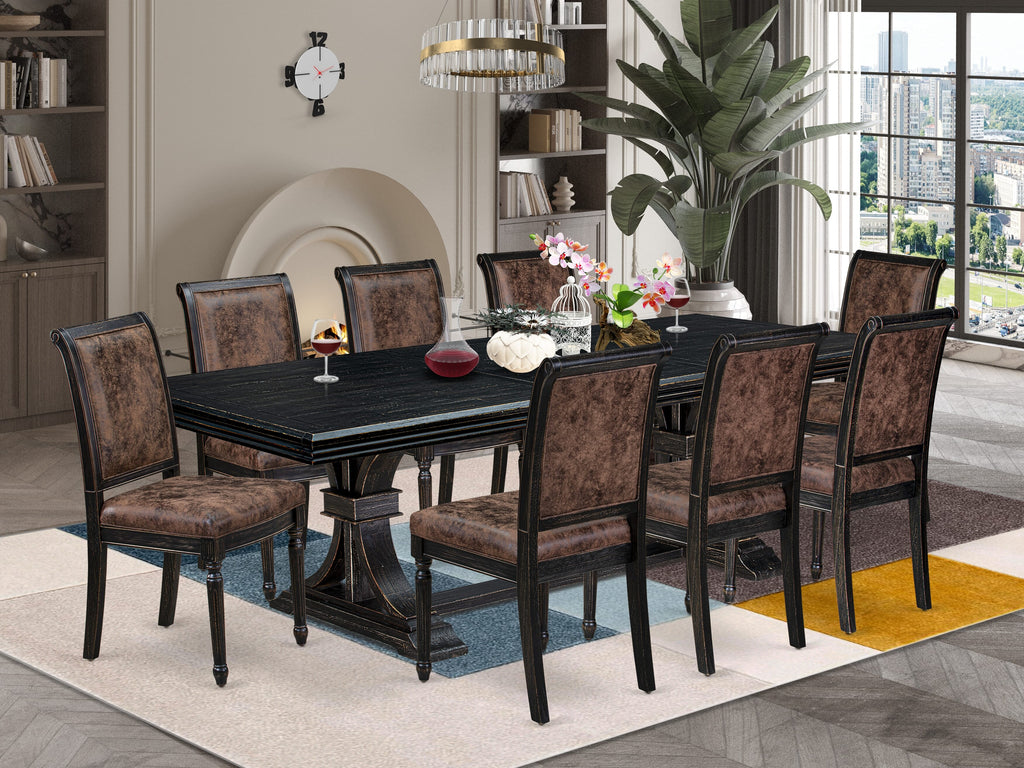 Luxe by East West Furniture NECY9-SBB-33 9-piece Dining Table Set consists of a Kitchen Table and 8 Brown Textured PU Leather Dining Room Chairs with High Back - Sand Blasting Black Finish