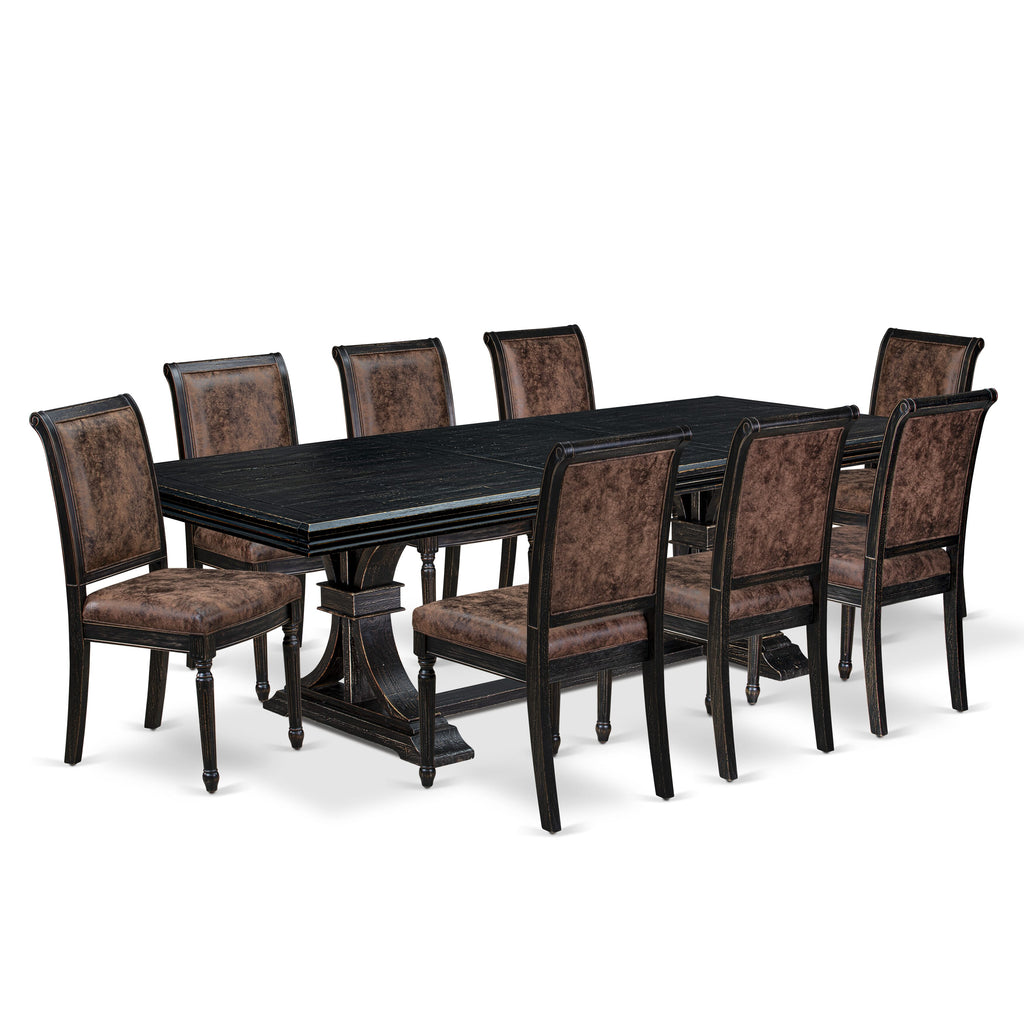 Luxe by East West Furniture NECY9-SBB-33 9-piece Dining Table Set consists of a Kitchen Table and 8 Brown Textured PU Leather Dining Room Chairs with High Back - Sand Blasting Black Finish