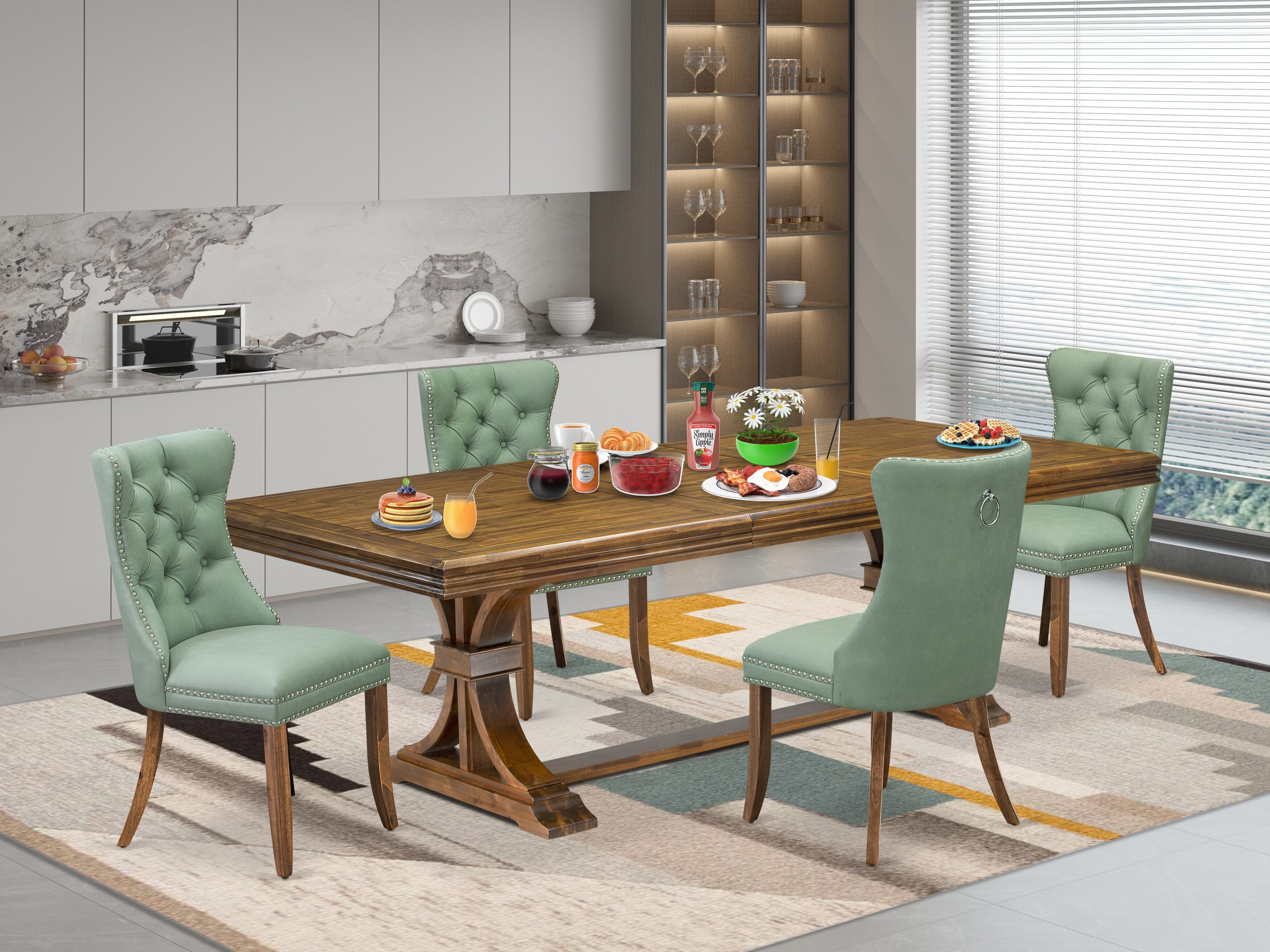 Luxe by East West Furniture NEDA5-AWA-22 5-piece Kitchen Table Set includes a Dining Table and 4 Willow Green PU Leather Modern Dining Chairs with Button tufted Back - Antique Walnut Finish