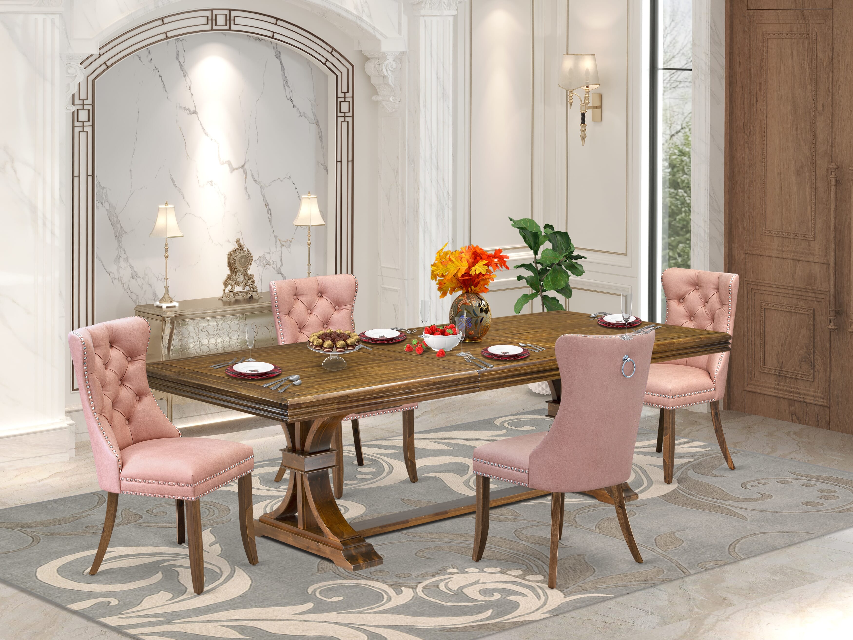 Luxe by East West Furniture NEDA5-AWA-23 5-piece Kitchen Table Set consists of a Modern Dining Table and 4 Beige Red Faux Leather Dinner Chairs with Button tufted Back - Antique Walnut Finish