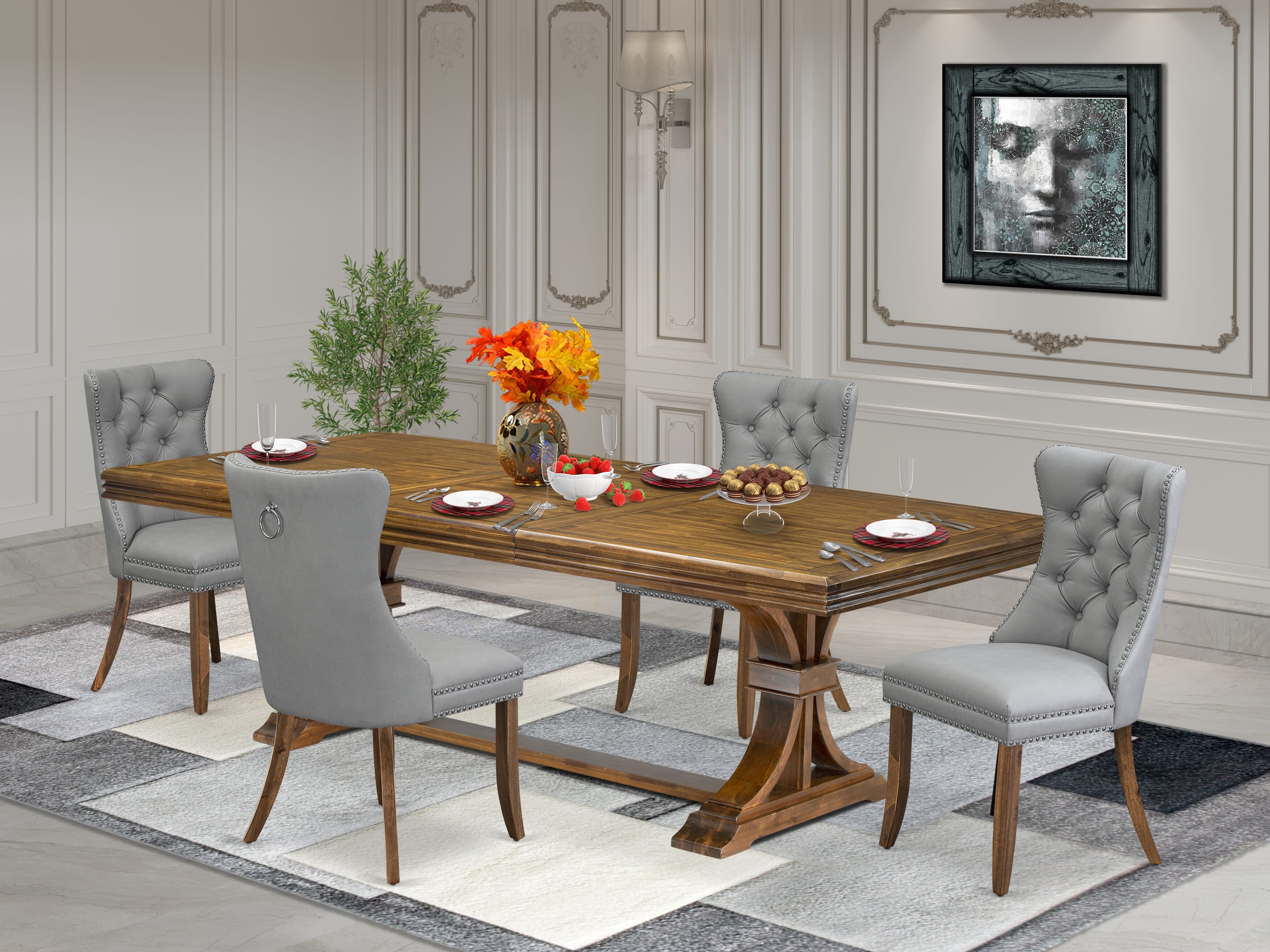 Luxe by East West Furniture NEDA5-AWA-27-5 Pieces Modern Dining Set Includes a Rectangle Kitchen Table and 4 Light Gray Faux Leather Dining Chairs, Antique Walnut