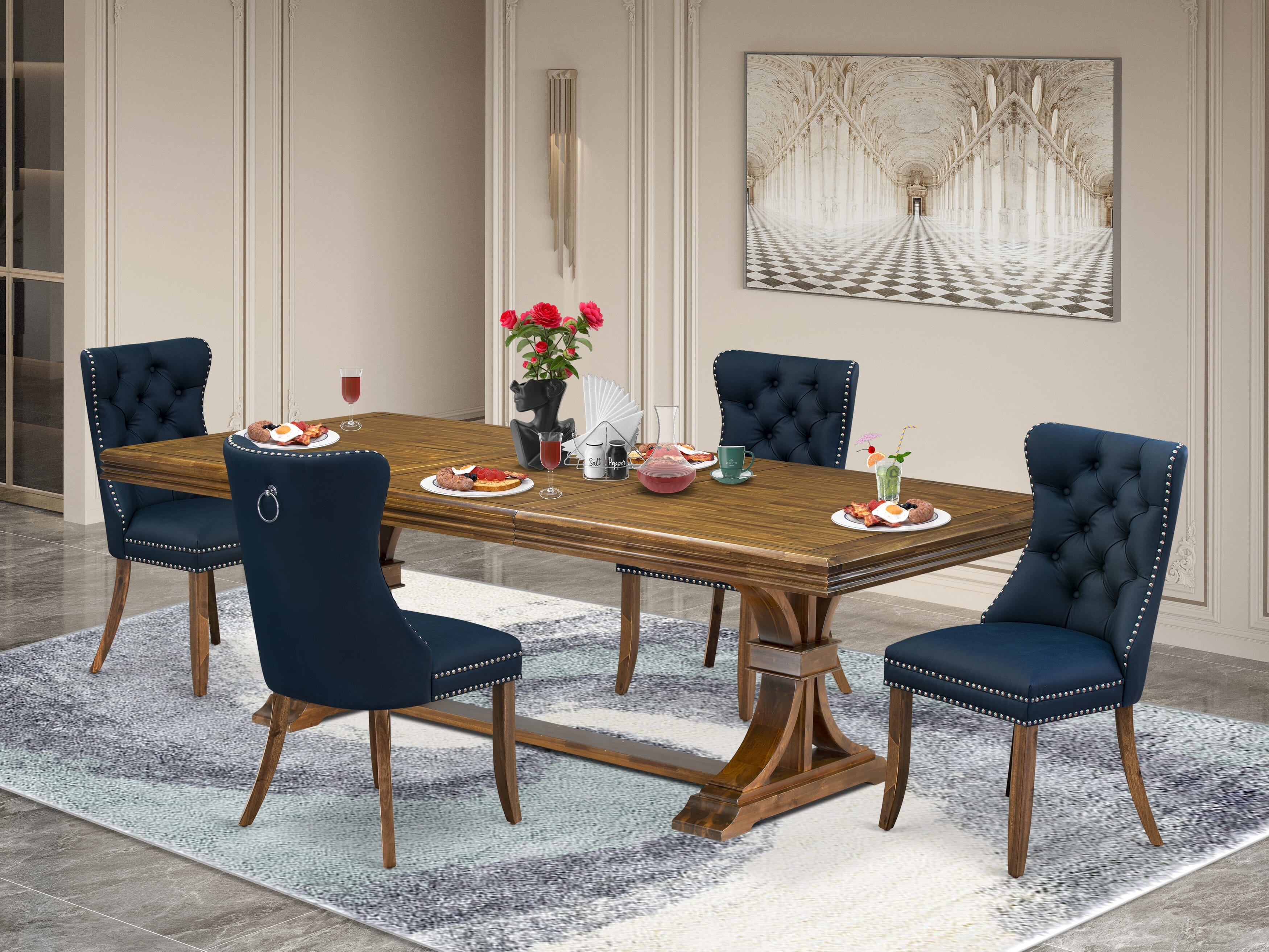 Luxe by East West Furniture NEDA5-AWA-29-5 Pieces Modern Dining Set Includes a Rectangle Kitchen Table and 4 Navy Blue Faux Leather Dining Chairs, Antique Walnut