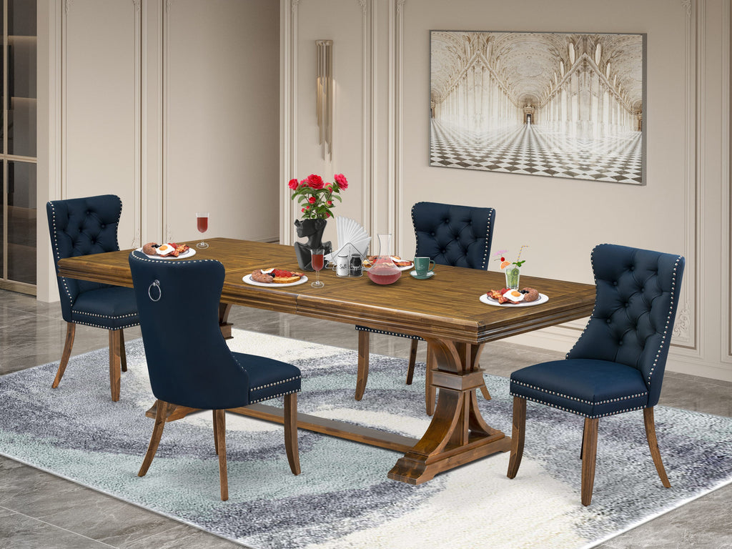 Luxe by East West Furniture NEDA5-AWA-29-5 Pieces Modern Dining Set Includes a Rectangle Kitchen Table and 4 Navy Blue Faux Leather Dining Chairs, Antique Walnut