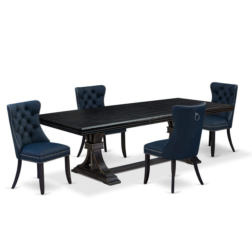 Luxe by East West Furniture NEDA5-SBB-29 - 5-piece dining room set includes a wooden table and 4 Navy Blue Faux Leather dining Chairs with Button Tufted Chair Back - Sand Blasting Black Finish.