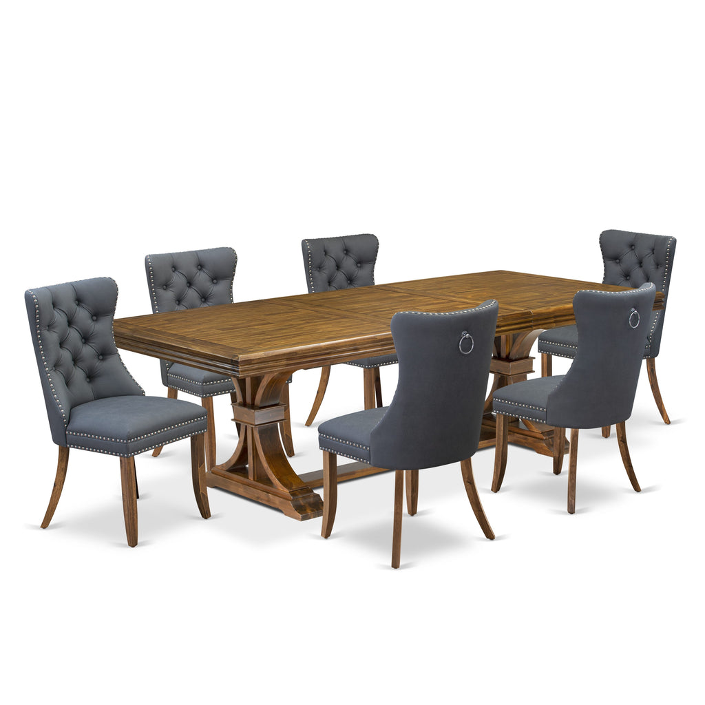 Luxe by East West Furniture NEDA7-AWA-13 7-piece Dining Table Set includes a Modern Dining Table and 6 Platinum Gray PU Leather Kitchen Chairs with Button tufted Back - Antique Walnut Finish