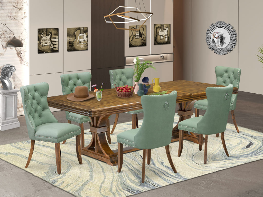 Luxe by East West Furniture NEDA7-AWA-22 7-piece Dining Table Set consists of a Kitchen Table and 6 Willow Green PU Leather Dinner Chairs with Button tufted Back - Antique Walnut Finish
