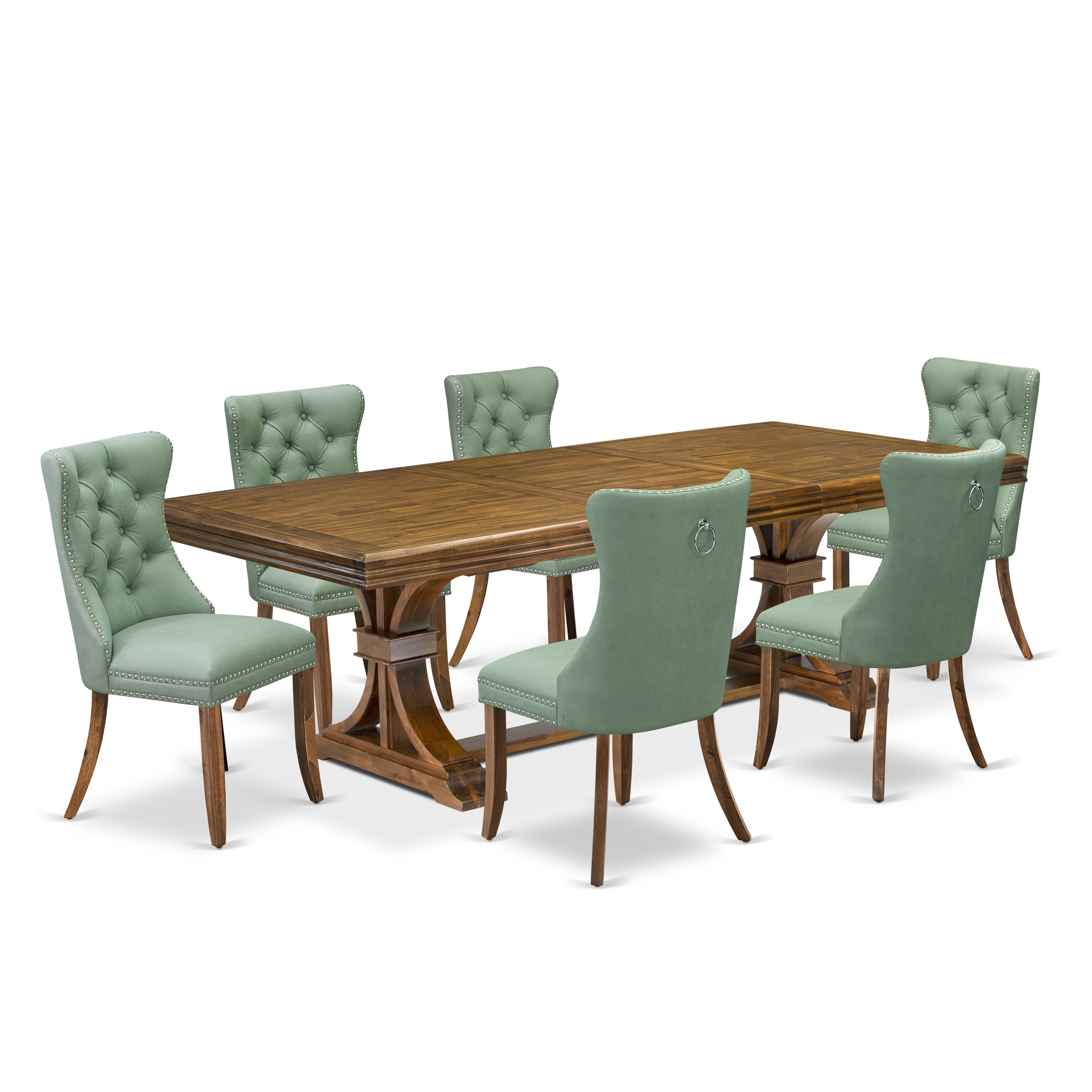 Luxe by East West Furniture NEDA7-AWA-22 7-piece Dining Table Set consists of a Kitchen Table and 6 Willow Green PU Leather Dinner Chairs with Button tufted Back - Antique Walnut Finish