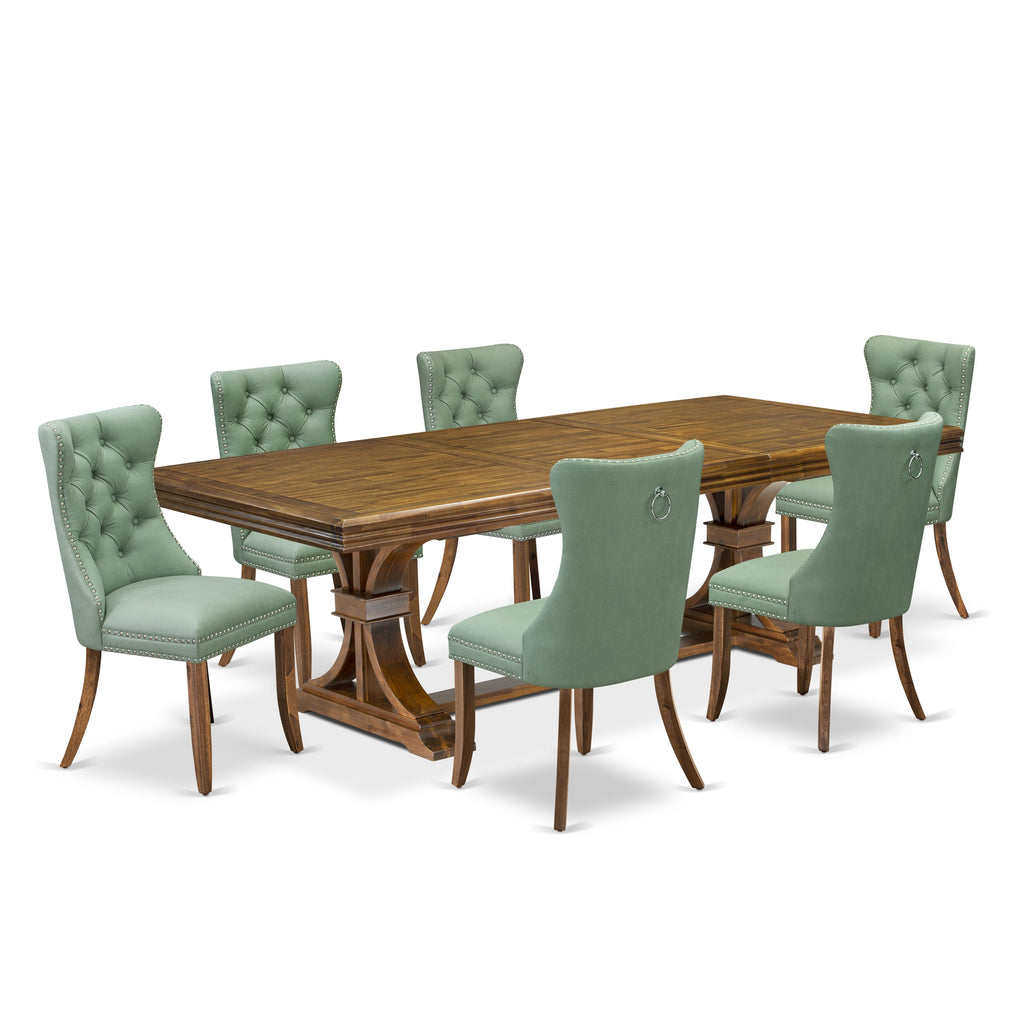 Luxe by East West Furniture NEDA7-AWA-22 7-piece Dining Table Set consists of a Kitchen Table and 6 Willow Green PU Leather Dinner Chairs with Button tufted Back - Antique Walnut Finish