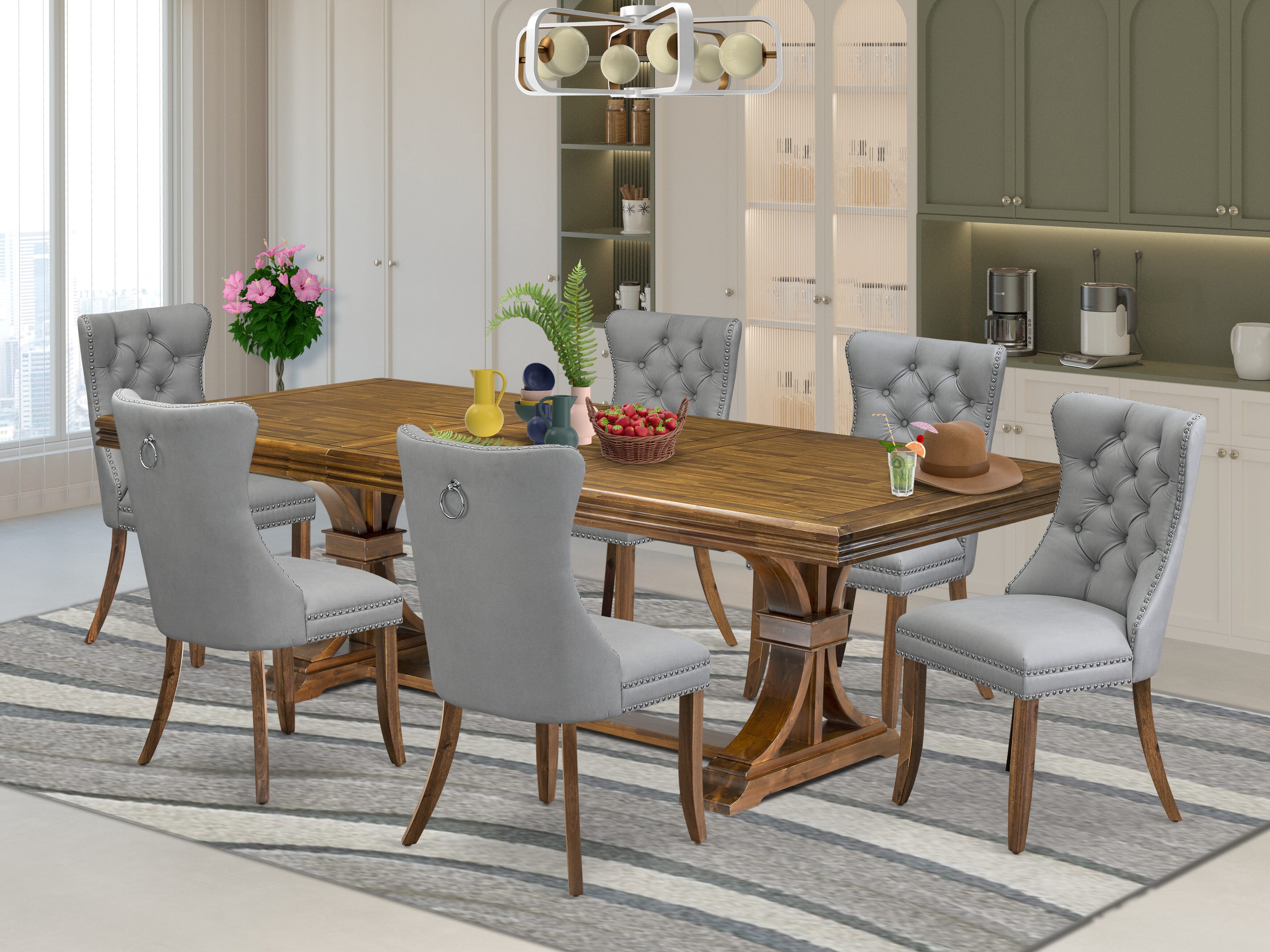 Luxe by East West Furniture NEDA7-AWA-27-7 Pieces Dining Set Contains a Rectangle Kitchen Table and 6 Light Gray Faux Leather Modern Chairs, Antique Walnut