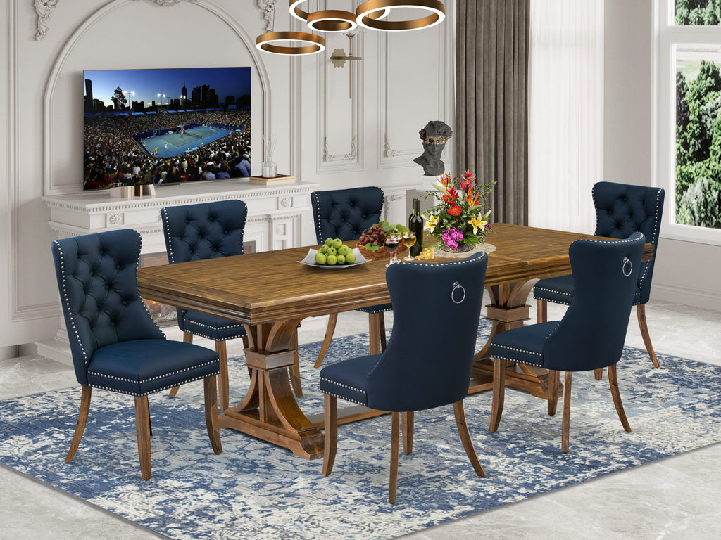 Luxe by East West Furniture NEDA7-AWA-29-7 Pieces Dining Set Contains a Rectangle Kitchen Table and 6 Navy Blue Faux Leather Modern Chairs, Antique Walnut