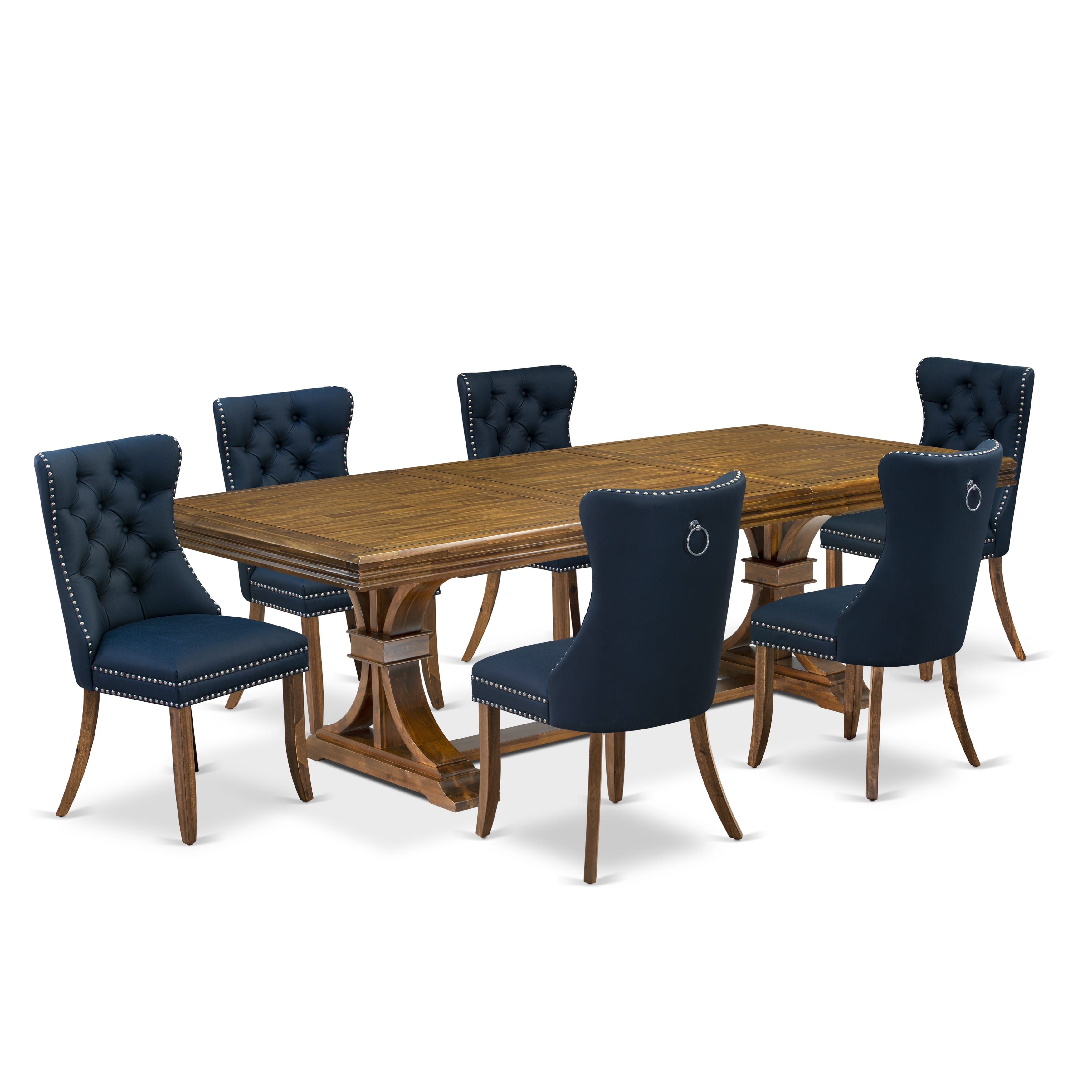 Luxe by East West Furniture NEDA7-AWA-29-7 Pieces Dining Set Contains a Rectangle Kitchen Table and 6 Navy Blue Faux Leather Modern Chairs, Antique Walnut