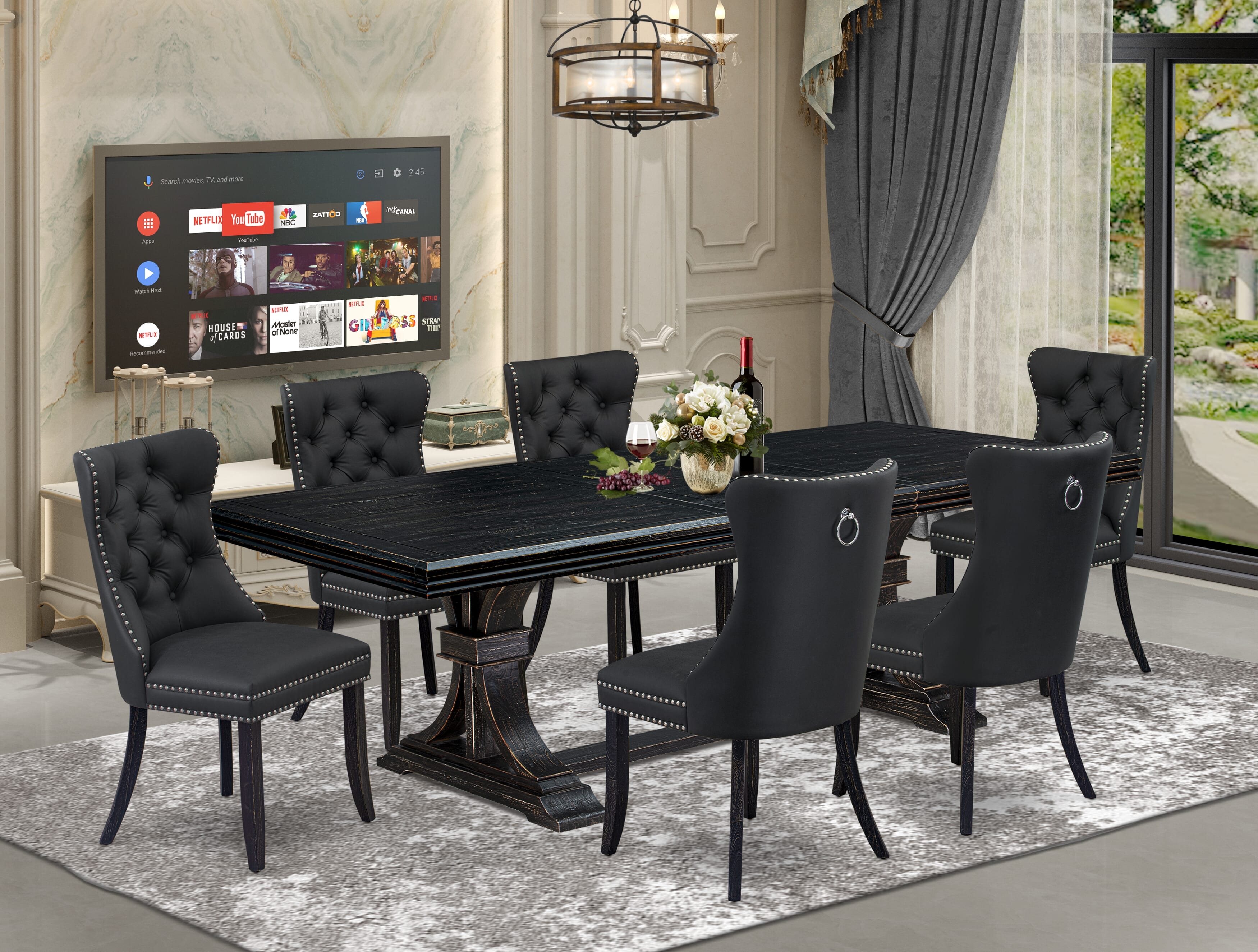Luxe by East West Furniture NEDA7-SBB-12 7 Pieces Dining Set Contains a Rectangle Kitchen Table and 6 Dark Gray Faux Leather Modern Chairs, Sand Blasting Black