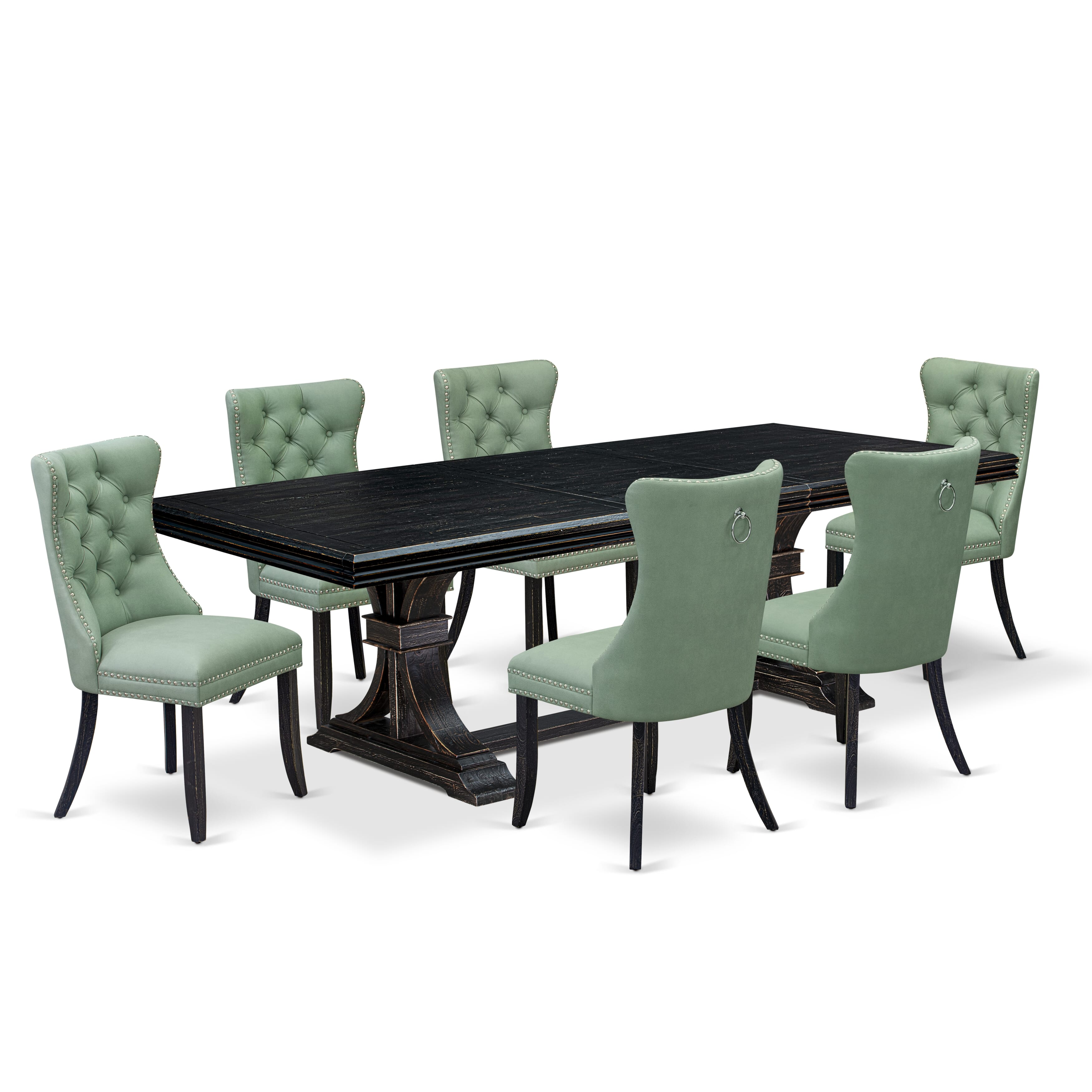 Luxe by East West Furniture NEDA7-SBB-22 7 Pieces Dining Set Contains a Rectangle Kitchen Table and 6 Willow Green Faux Leather Modern Chairs, Sand Blasting Black