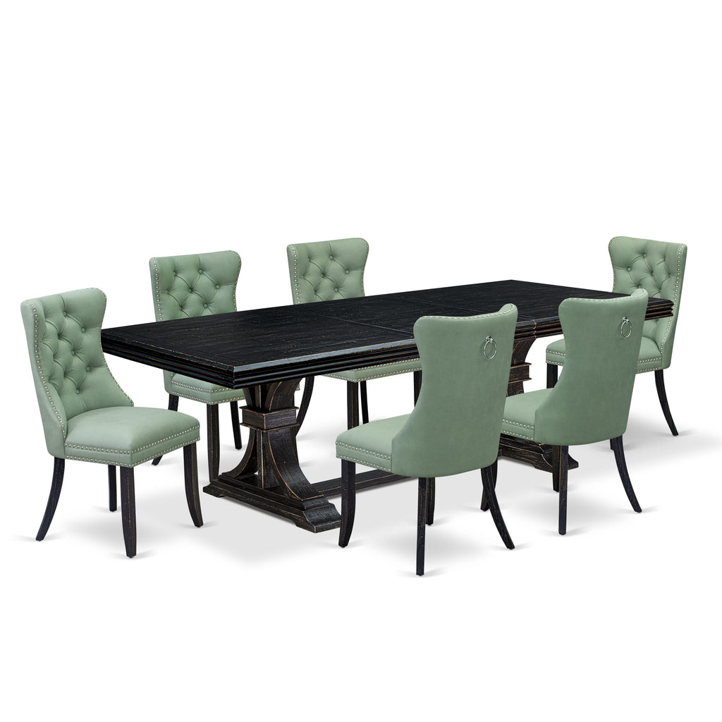Luxe by East West Furniture NEDA7-SBB-22 7 Pieces Dining Set Contains a Rectangle Kitchen Table and 6 Willow Green Faux Leather Modern Chairs, Sand Blasting Black